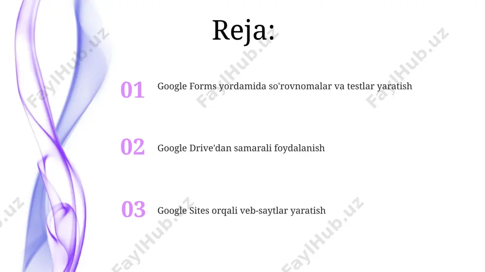 dan ortig'i bitta variantni tanlagan bo'lsa, bu sizning savolingiz aniq va tushunarli ekanligini ko'rsatadi. google forms'dagi javoblarni tahlil qilishda, har bir savolga berilgan javoblar soni va ularning foiz nisbati ko'rsatkichlari orqali, ma'lumotlarning to'liqligi va ishonchliligini baholashingiz mumkin. google drive'ning asosiy xususiyatlari google drive 15 gb dan ortiq fayllarni, jumladan hujjatlar, jadvallar, taqdimotlar va boshqa ko'plab fayl turlarini saqlash imkonini beradi. google drive versiya nazorati va avtomatik saqlash funksiyalarini taqdim etib, fayllarni yo'qotish xavfini kamaytiradi va jamoaviy ish samaradorligini oshiradi. google sites dizayni va shablonlari saytning dizaynini o'zgartirish uchun rang sxemalari, shriftlar va rasmlar kabi 10 dan ortiq parametrlar mavjud bo'lib, foydalanuvchilarga o'ziga xos estetikaga ega bo'lgan sayt yaratish imkoniyatini taqdim etadi. google sites’da 8 dan ortiq turli shablonlar mavjud bo'lib, ularning har biri o'ziga xos dizayn elementlari va funksiyalariga ega, bu esa turli maqsadlar uchun moslashuvchan sayt yaratish imkonini beradi. amaldagi misollar va ilovalar google drive’dagi fayllarni google sites orqali …