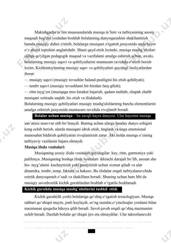 lik (kunlik, oylik) mashg’ulot rejasini ishlab chiqishda qo’yiladigan talablar. maktabgacha ta’lim muassasasida olib boriladigan musiqa mashg’ulotlarining namunaviy rejasi. pado qilish. marsh, qo’shiq va raqs janrlari haqida ilk tasavvur paydo qilish va ularni farqlash. shape \* mergeformat bajarish: to’p bo’lib yengil yurish va yugurishdan sekinasta har tarafga, to’g’riga, erkin-sochma, doira bo’ylab yengil yurish va yugurishga o’rgatish. bolalarni 3-4 sodda va oddiy harakatlardan iborat raqslarni to’p bo’lib raqs tushishdan juftlikda, sochma tarzda, shundan so’ng doiradagi raqslar ijro etishga o’rgatish. raqs harakatlaridan «koptokni yuqoriga ot», «arqonni tort», «tokcha», «ko’zguga qara», «xo’rozcha», «maysani sila» bilan tanishtirish va ularni musiqaga mos bajarish. shape \* mergeformat zo’riqmasdan kuylash malakalarini shakllantirish. kuylash vaqtida to’g’ri nafas olishga, avval «gulni hidlab», so’ng kuylay boshlashga, o’tirgan yoki turgan holatda to’g’ri kuylashga o’rgatish. qo’shiq mazmunini tushunib kuylash bilan bir vaqtda harakatlar bajarishga o’rgatish. shape \* mergeformat haqidagi bilimlarni mustahkamlash, karnay, surnay, nog’ora bilan tanishtirish. metallofon, uchburchak, bolg’achada chalish usullarini o’rgatish. ularni …