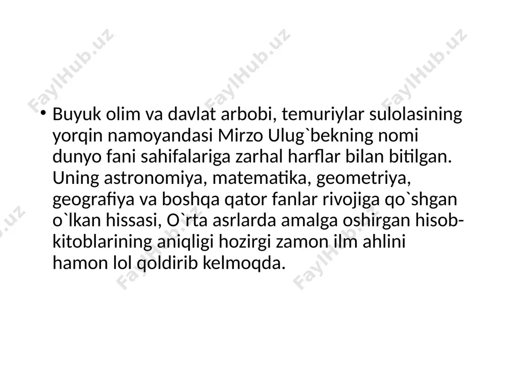 ijod qilgan nemis astronomi io­gann genrix fon medler o`zi ochgan oydagi kraterni mirzo ulug`bek nomi bilan atagan. xulosa mirzo ulugʻbek nafaqat buyuk shoh balki buyuk olim hamdir. mirzo ulugʻbek geografiya astronomiya va boshqa sohalarda ijod qilgan. ayniqsa u qurdirgan rasadxonada juda koʻplab ilmiy ishlar bilan shugʻullangan va oʻzining yulduzlar jadvalini yaratgan. ushbu jadvalda 1018ta yulduzning joylashgan oʻrni va xususiyatlari jamlab yozilgan edi. bundan tashqari koʻpgina hududlarning geografik oʻrnini ham aniqlagan. image1.jpeg image2.jpeg image3.jpeg image4.jpeg