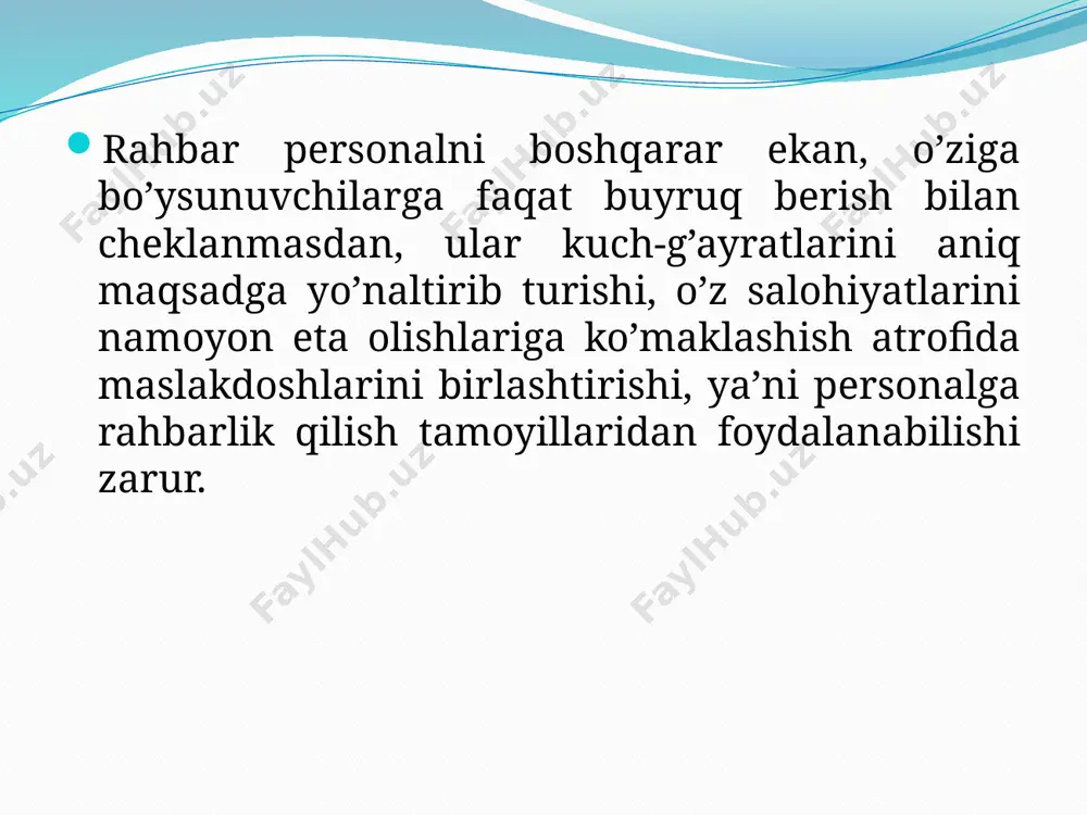 liyat. bu xodimning mehnat faoliyati yoki faoliyatsizligi oqibatida korxonaga etkazilgan moddiy zararini qoplashdir. intizomiy mas’uliyat — mehnatga oid amaldagi qonunchilikka rioya etilmagan taqdirdagi mas’uliyatdir. ma’muriy mas’uliyat — xodim tomonidan ma’muriy huquq-buzarliklarga yo’l qo’yilgan hollardagi mas’uliyatdir. bu jazo choralari davlat yoki mahalliy hokimiyat organlari tomonidan ma’muriy huquqbuzarlikka yo’l qo’ygan mansabdor shaxsga nisbatan amaldagi qonunchilikka muvofiq qo’llaniladi. ii. boshqaruvning iqtisodiy uslublari personalga iqtisodiy qonunlar va me’yoriy hujjatlar asosida ta’sir ko’rsatishdir. ularning quyidagi turlari mavjuddir. 1. xo’jalikni rejali yuritish — bu har qanday korxona faoliyat yuritishining asosiy qonuni hisoblanib, korxona maqsadlariga erishishning aniq strategiyasi mavjud bo’lishini taqozo etadi. bozor iqtisodiyoti sharoitlarida korxona erkin tovar ishlab chiqaruvchi hisoblanib, bozorda boshqa korxonalarning teng huquqli sherigi maqomiga ega bo’ladi. korxonaning iqtisodiy rivojlanish rejasi tovarga bozor talabi bilan zarur resurslar o’rtasidagi balansni ta’minlovchi asosiy shakli hisoblanadi. 2. xo’jalik hisobi — korxonaning mahsulot ishlab chiqarish xarajatlarini xo’jalik faoliyati natijalari (sotish hajmi, daromad) bilan taqqoslash asosidagi xo’jalik yuritish uslubidir. …