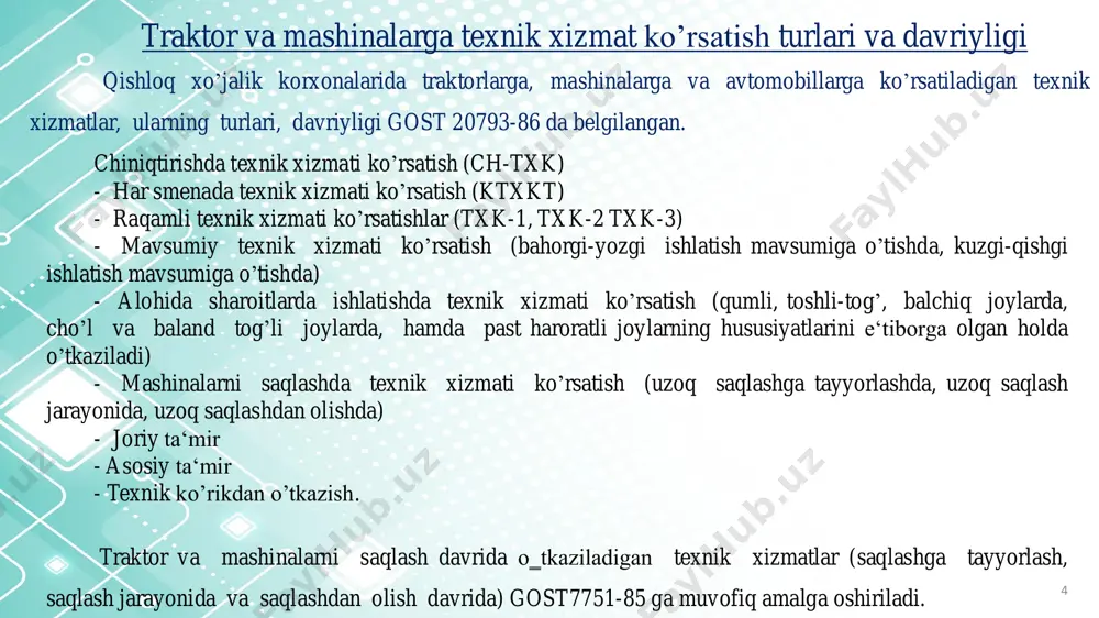 fiq ravishda sovitish suyuqligi va dizel yonilg’isi bilan to’ldiriladi; dvigatel shovqini eshitib ko’riladi; nazorat priborlari ko’rsatishlarining me‘yordaligi tekshiriladi. texnik xizmat ko„rsatishning turlari, vaqti va mazmuni 9 texnik xizmat ko‗rsatish ishlari majburiy xarakterga ega bo‗lib, texnikadan foydalanish davri davomida vaqti -vaqti bilan bajariladi va ularning kuyidagi turlari mavjud 10 -har smenada texnik xizmat ko’rsatish (stxk), ya‘ni kundalik texnik karov (ktq); - tartibli (1-texnik xizmat ko’rsatish (txk-1), 2-texnik xizmat ko’rsatish (txk-2); 3- texnik xizmat ko’rsatish (txk- 3) yoki reglamentli (50, 250, 500, 2000 moto-soat) texnik xizmat ko’rsatish; - mavsumiy texnik xizmat ko’rsatish (mtxk); - uzoq muddatli saklashga tayyorlashda, saklash davrida va saklashdan chiqarishdagi texnik xizmat ko’rsatishlar; - yangi texnikani chiniqtirish davridagi texnik xizmat ko’rsatish; - maxsus sharoitlarda foydalanilganda texnik xizmat ko’rsatish (mshtxk). har smenadagi texnik xizmat ko’rsatish mashinani ishga tayyorlash va smena davomida uning ishga yaroqli holatini ta‘minlash maqsadida operator tomonidan amalga oshiriladi, o’tkaziladi. tartibli yoki reglamentli texnik xizmat ko’rsatishlar davriyligi va …