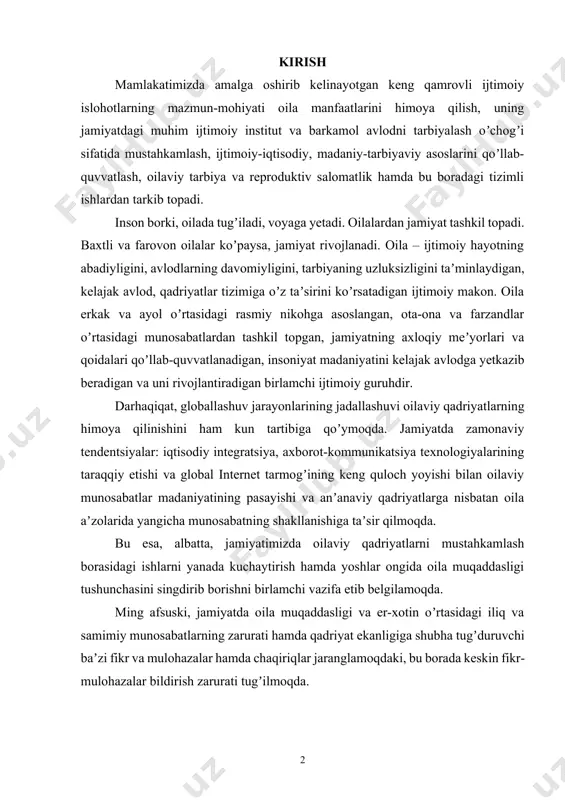dasligi tushunchasini singdirib borishni birlamchi vazifa etib belgilamoqda. ming afsuski, jamiyatda oila muqaddasligi va er-xotin oʼrtasidagi iliq va samimiy munosabatlarning zarurati hamda qadriyat ekanligiga shubha tugʼduruvchi baʼzi fikr va mulohazalar hamda chaqiriqlar jaranglamoqdaki, bu borada keskin fikr-mulohazalar bildirish zarurati tugʼilmoqda. 1. qadimgi davrlarda oʻrta osiyoda oila tarbiyasiga oid qarashlar qadim zamonlardan boshlab turonzaminda xalq ogzaki ijodi namunalari, qur'oni karim va hadislarda buyuk qomusiy olimlarning betakror, olmas asarlarida oila masalalari, oilaviy munosabatlar tizimi talqin va maxsus tavsif etilgan. ana shunday ma'naviyatimizning qohna sarchashmalaridan biri bo lgan, qadimgi turon va eronzamin xalqlarining ma'naviy qadriyati hisoblanmish-«avesto»da ham insoniyat va uning taraqqiyoti bilan bog'liq tasavvurlar, ma'naviy-ruhiy va axloqiy mezonlar, olamni, tabiatni bilishga bolgan ehtiyoj va intilish, insondagi eng oliyjanob, pok fazilatlar kuylanishi bilan bir qatorda, oila asoslari, tuzilishi, tarkibi, oila ma'naviyati, ota-onalarning oiladagi mavqelari, oilada ayol erki, burchi va huquqlari yuksak ma'naviy va axloqiy chizgilar asosida tavsiflanganligi diqqatga sazovor. «avesto»da patriarxal oila jamiyatning eng …
