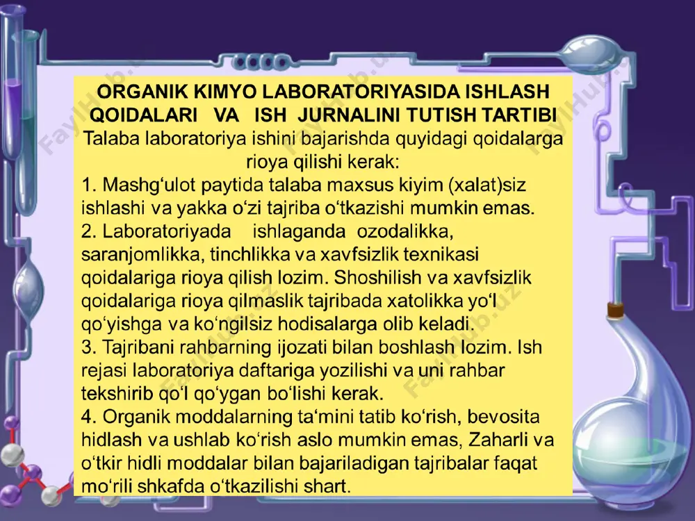 shlarni qo`l bilan emas, faqat pinset bilan olish kerak. birgina tajribaga tegishli bo`lgan tortish ishlarini faqat bitta tarozida va bir qutichadagi toshlardan foydalanib bajarish lozim. tortish vaqtida tortilayotgan moddaning massasiga qarab tarozi pallasiga tartib bilan avvalo katta toshlarni, so`ngra kichikroq toshlarni qo`yish kerak. toshlarni tarozi pallasidan olgandan keyin, darhol ularni qutichadagi o`z o`rniga qo`yish kerak. toshlarni stolga qo`yish yaramaydi, chunki ifloslanib massasi ortadi. tortish vaqtida toshlarni boshqa qutichadan olish mumkin emas. tarozi muvozanatga kelgandan keyin u arretirlanadi, so`ngra toshlarning massasi hisoblanib, qiymati yozib quyiladi. toshlarni tarozi pallasidan olayotganda massa to`g`ri hisoblanganligini yana bir marta tekshirib ko`rish kerak. tarozida tortib bo`lingandan so`ng unda xech narsani qoldirmaslik lozim. savollarga javob bering?: qanday birikmalar organik moddalar deb ataladi? moddaning organik birikma ekanligini qanday aniqlash mumkin? оrganik moddalarning element analizi deyilganda nimani tushuniladi? оrganik modda tarkibidagi elementlarning miqdorini nima uchun protsent hisobida ifodalash qabul qilingan? nima uchun ba`zi organik birikmalar yonganda kuyundi qoladi? probirkadagi …