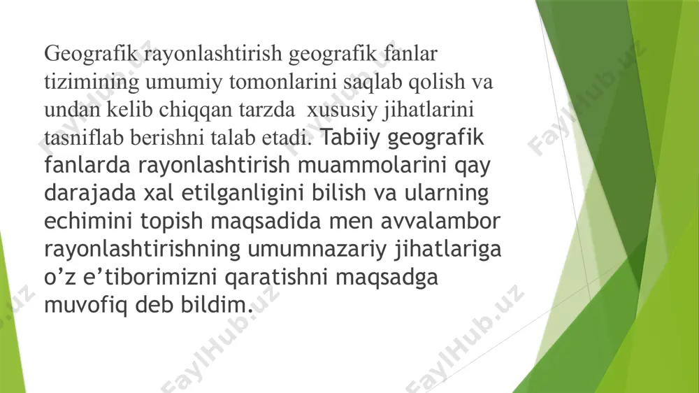 gan tarzda ajratish; tuprоqshunоslikda -tuprоq tipi, tipchasi, turi va ko’rinishi bo’yicha muayyan hududni rayоnlashtirishga ajratish; iqtisоdda -iqtisоdiy daraja, imkоniyat va istiqbоliga ko’ra rayоnlarga ajratish nazarda tutiladi. o’zbekiston hududini tabiiy geografik rayonlashtirishga oid ma’lumotlar l.s.berg, r.i. abolin, i.p.gerasimov, a.n.rozanov, e.p.korovin,v.n.chetirkin, l.n.babushkin, n.a.kogay, e.m.murzayev, t.v.zvonkova, n.a.gvozdetskiy va boshqa geograflarning ilmiy ishlarida mavjud. ana shunday ishlardan eng keyingi va asosiylaridan biri l.n.babushkin va n.a.kogayning izlanishlari bo’ldi. ular (1964-1965) ko’pgina mualliflar ishlarini o’rganib va ulardan foydalanib hamda o’rta osiyo tabiatini uzoq vaqt davomida tekshirish asosida regionning yangi tabiiy geografik rayonlashtirish sxemasini ishlab chiqqan. yuqoridagi rayonlashtirish sxemasiga ko’ra o’rta osiyo yevroosiyo materigining bir qismi,uni alohida tabiiy geografik o’lkasi deb olinadi.tabiiy o’lka tarkibida turon,markaziy qozog’iston,jung’oriya-tyanshan, pomir-tibet provensiyalari ajratiladi. provensiyalar tekislik va tog’ oldi qiya tekisliklari, tog’li kichik provensiyalarga,kichik provensiyalar esa okruglarga va nixoyat okruglar esa tabiiy rayonlarga bo’lingan. l. n. babushkin, n. a. kogay rayonlashtirish tizimiga ko‘ra o‘zbekiston hududining asosiy qismi turon provinsiyasiga kiradi, faqat ustyurt …