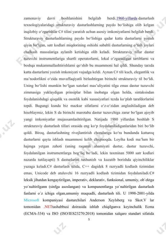 ariladi va dastur bajarilishi davom etadi. agar shart yolg’on qiymat qabul qilsa, u holda operator bajarilmaydi va dastur davom etadi.c# dasturlash tilida if operatorining to’liq ko’rinishi quyidagicha: if (shart) operator1; else operator2; bunda shart rost qiymatni qabul qilsa, operator1 bajariladi, aks holda,ya’ni shart yolg’on qiymatni qabul qilsa, operator2 bajariladi. ko’rinib turibdiki, else operatori zaruriy operator emas.if-else-if konstruksiyasi. dasturlashda ba’zan ichma-ich joylashgan shartli operatordan ham foydalanishga ehtiyoj tug’iladi. buning uchun c# dasturlash tilida if-else-if konstruksiyasidan foydalaniladi. if-else-if konstruksiyasining umumiy ko’rinishi quyidagicha: if (shart_1) operator_1; else if (shart_2) operator_2; else if (shart_3) operator_3; …………………………………………… else if (shart_n-1) operator_n-1; else operator_n; ?operatori. bu operator c# dagi eng muhim shartli operatorlardan biri.bu shartli operator odatda if-then-else konstruktsiyasi kabi ishlaydi. ? operatori uchta operandni talab qiladi. quyida bu operatorning umumiy ko’rinishi keltirilgan: identifikator = (shart) ? ifoda_1;ifoda_2;bu yerda shart mantiqiy tipga tegishli bo’ladi. identifikator bu o’zgaruvchi bo’lib, agar shart rost qiymat qabul qilsa, ifoda_1 ning …