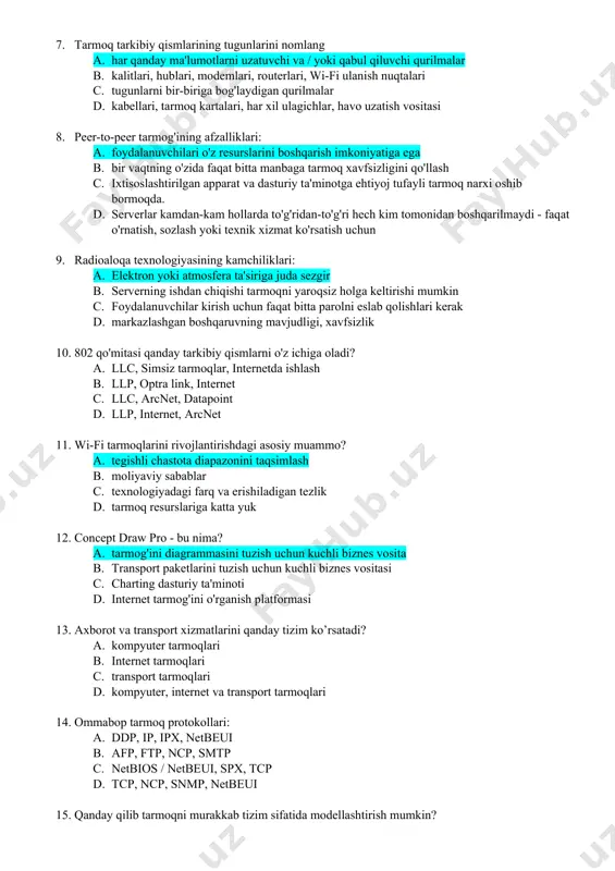 unchalarini sanab o'tadigan javobni ayting: a. o'ralgan juftlik kabeli, koaksiyal kabel, optik tolali kabel, raqamli kanal, havo b. netbios / netbeui, spx, tcp c. tarmoq manzillari, routerlar, internetda ishlash d. tcp, ncp, snmp 6. tarmoq adapterining ta'rifi ko'rsatilgan to'g'ri javobni toping: a. tarmoq adapteri (network interface card, nic) - bu to'g'ridan-to'g'ri yoki boshqa aloqa uskunalari orqali uni boshqa kompyuterlar bilan bog'laydigan ma'lumotlarni uzatish vositasi bilan bevosita o'zaro aloqada bo'lgan kompyuterning periferik qurilmasi. b. yulduzli tarmoq konfiguratsiyasida ulanish va bog'lanish chizig'ining markaziy nuqtasi bo'lib xizmat qiladigan, osi tarmog'i modelining fizik pog’onaida ishlaydigan tarmoq qurilmasi. c. tarmoq modelining tarmoq darajasida ishlaydigan va ikki yoki undan ortiq tarmoq segmentlarini (yoki pastki tarmoqlarini) bog'lashi mumkin bo'lgan tarmoq aloqa moslamasi. d. tarmoq adapteri (network interface card, nic) kompyuterlarni uzukka ketma-ket birlashtirishga imkon beradi, uzukdagi ma'lumotlar har doim faqat bitta yo'nalishda uzatiladi va kompyuterlarning har biri faqat bitta kompyuterga ma'lumot uzatadi. 7. tarmoq tarkibiy qismlarining tugunlarini …