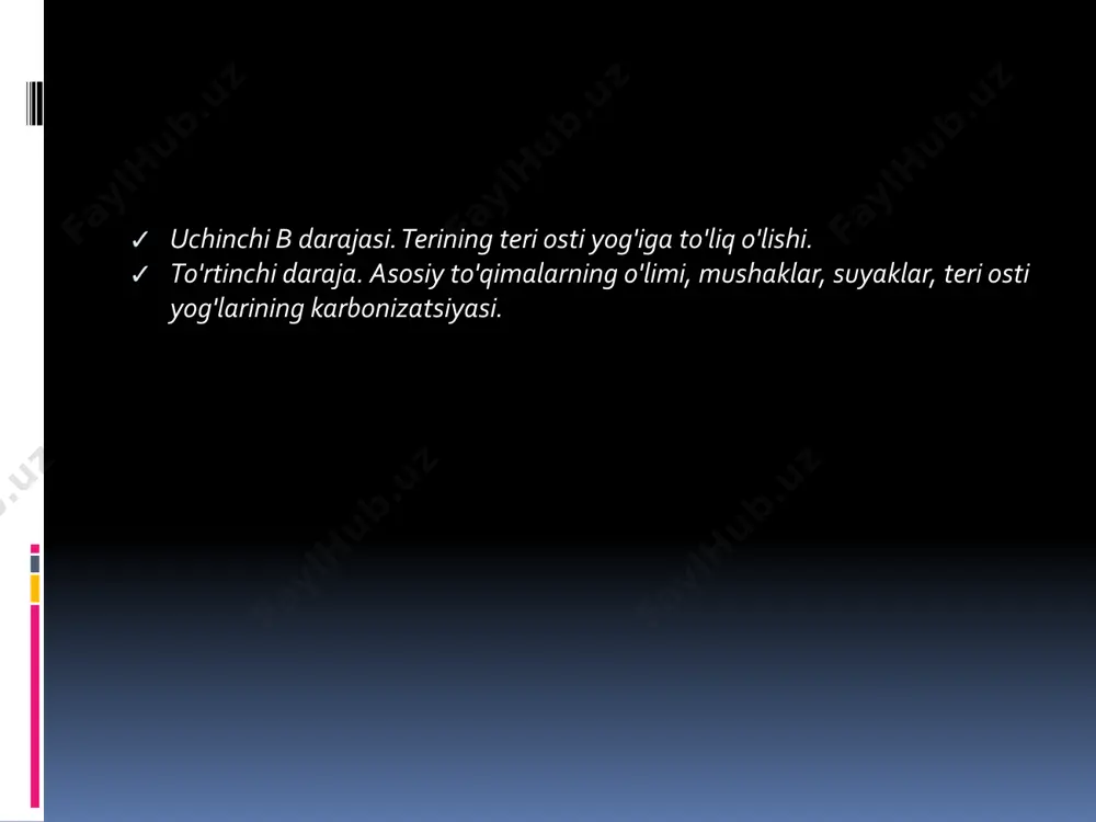 lan davolashgacha bo'lgan bosqich. bir necha haftadan bir necha oygacha davom etadi. bu yarada rivojlanadigan mikrofloraning hayotiy faoliyatiga tananing javobidir. qayta tiklash. kuyish yaralarini davolash va yopishdan keyin boshlanadi. yara tozalanadi (o'z-o'zidan yoki jarrohlik yo'li bilan), yaraning pastki qismi zararlanish chuqurligiga qarab granulyatsiya bilan qoplanadi yoki epitelizatsiya qilinadi. endogen intoksikatsiya sindromi endogen intoksikatsiya sindromi - bu katabolizm mahsulotlarining to'planishi natijasida rivojlanadigan simptom majmuasi, uning darajasi jigar va buyraklar faoliyatining etarli emasligi, shikastlangan to'qimalarning parchalanish mahsulotlarini qayta ishlash va chiqarib yuborish bilan ortiqcha yuklanganligi sababli oshadi. kuyish infektsiyasi va kuyish sepsisi kuyish jarohati immunitet tizimining barcha qismlarini rag'batlantiradi, ammo to'qimalarning parchalanishi mahsulotlarining to'planishi va shikastlangan teri orqali massiv bakterial tajovuz immunitetning barcha qismlarining kamayishiga olib keladi, ikkilamchi immunitet tanqisligi hosil bo'ladi. tana atrofdagi mikrofloraga nisbatan zaif bo'ladi. zararlanish darajasini baholash shikastlanishning og'irligini baholash va kasallikning keyingi rivojlanishini bashorat qilish uchun turli xil prognostik indekslar qo'llaniladi. ular lezyonning maydoni va chuqurligiga asoslanadi …
