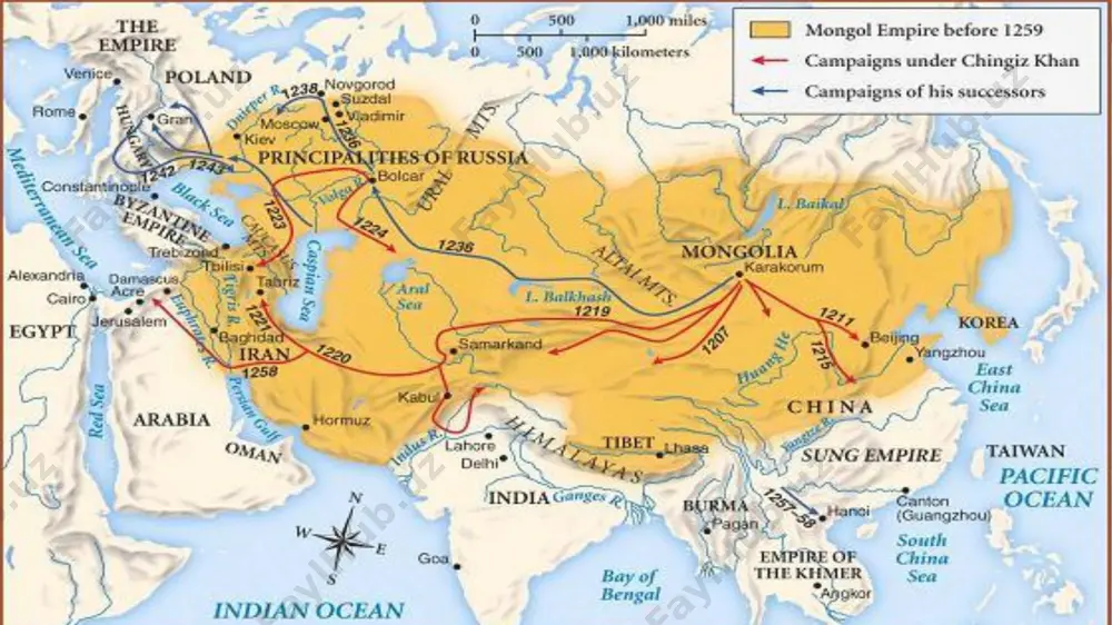 chingizxon ixtiyorida harbiy zodagonlardan tuzilgan maxsus gvardiya ("keshik") ham tashkil etiladi. bu gvardiya faqat favqulodda sodir boʻladigan xavf-xatarga qarshi tashlanardi. davlat maʼmuriyatini markazlashtirish maqsadida chingizxon qoraqurm qalʼasini oʻz imperiyasining poytaxtiga aylantiradi. xat-savodga mutlaqo ega boʻlmagan, madaniyati nihoyatda tuban moʻgʻullar davlat boshqaruv ishlarida uygʻurlardan hamda musulmon savdogarlaridan foydalandilar. chingizxon va noʻyonlarining maslahatchilari, mirzolari va baʼzi bir mulk maʼmurlari, asosan, uygʻurlardan boʻlgan. chingizxon tarqoq jangari moʻgʻul urugʻlarini birlashtirgach, tajo-vuzkorlik siyosatini yurgizdi. zabt etilgan oʻlka va viloyatlarni chingizxon 1224-yilda oʻgʻillari va nabiralariga taqsimlab berdi. jan. sibir, dashti qipchoq, volga boʻyi, xorazm va darbandgacha boʻlgan oʻlka chingizxonning toʻngʻich oʻgʻli joʻjiga (uning vafotidan keyin esa, nabirasi botuga meros boʻlgan) topshirildi, sharqiy turkiston, yettisuv va mo-varounnahrga uning 2-oʻgʻli chigʻatoy ega boʻldi. chingizxon oʻz vatani moʻgʻulistonni, shuningdek, xitoyni 3-oʻgʻli va vorisi oʻqtoyga berdi. kenja oʻgʻli tulugʻa esa xuroson, eron va hindiston tegdi. shunday qilib, moʻgʻullar bosib olingan viloyatlarni uluslarga taqsimlab boshqarishga kirishadi. chingizxonning nabirasi munke hukmronligi davrida …