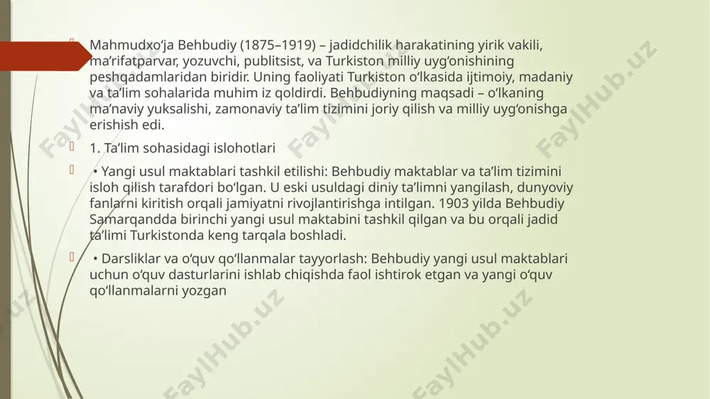 rashlarida turkistonning mustaqilligi, milliy o‘zlikni anglash va milliy uyg‘onish uchun kurashni ilgari surgan. u turkiston o‘lkasining o‘z mustaqilligiga erishishini orzu qilgan va bu maqsadda siyosiy faoliyat yuritgan. • davlat boshqaruvi islohoti: behbudiy siyosiy tizimni zamonaviylashtirish, parlament boshqaruvi joriy qilish va fuqarolik huquqlarini kengaytirish tarafdori edi. u milliy huquq va erkinlikni ta’minlashni asosiy maqsad deb bilgan. 4. milliy teatr va madaniyat rivojiga qo‘shgan hissasi • milliy teatr tashkil etilishi: behbudiy teatr san’atini rivojlantirishga katta e’tibor qaratgan. uning tashabbusi bilan turkistonda ilk bor teatr tomoshalari uyushtirila boshlagan. teatr milliy ma’rifatparvarlikning yangi shakli sifatida aholi o‘rtasida katta qiziqish uyg‘otgan. • madaniyatning rivojlanishi: behbudiy adabiyot, san’at va teatr orqali milliy ongni oshirish va madaniy qadriyatlarni rivojlantirishga katta hissa qo‘shgan. uning milliy o‘zlikni anglash va madaniy uyg‘onish g‘oyalari xalqning turmush tarziga chuqur ta’sir ko‘rsatgan. 5. ayollarning ta’limi va huquqlarini himoya qilish • ayollarni o‘qitish tarafdori: behbudiy ayollarning ta’lim olishiga katta e’tibor qaratgan va ularni jamiyatning …
