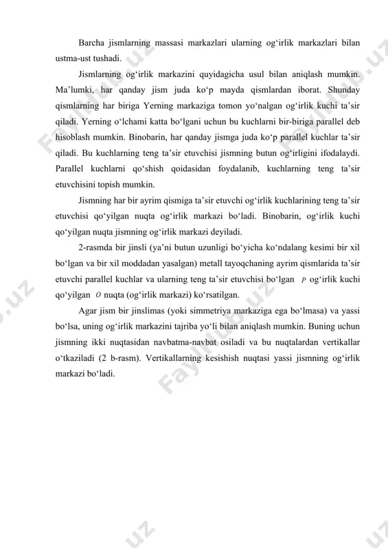 chiziqli va egri chiziqli, tekis va notekis bo‘lishi mumkin. ilgarilanma harakatning kinematik kattaliklarini quyidagi fizik kattaliklar tashkil etadilar: yo‘l, ko‘chish, tezlik, chiziqli tezlanish. qattiq jismning aylanma harakati tekis va notekis bo‘ladi. biz bilamizki, moddiy nuqtaning aylana bo‘ylab harakat trayektoriyasiga urinma bo‘ylab yo‘nalgan tezligi chiziqli tezlik deb ataladi. qattiq jismning tekis aylanma harakatida ixtiyoriy nuqtalarning chiziqli tezliklari hamma vaqt harakat trayektoriyasidan iborat bo‘lgan aylanalarga urinma ravishda yo‘nalgan bo‘ladi (4-rasm). 4-rasm. 5-rasm. tekis aylanma harakat qilayotgan jismning ixtiyoriy nuqtalari barobar vaqtlar ichida burilish burchaklari bir xil bo‘lganligidan, bu harakatni burchak orqali ifodalanuvchi burchak tezlik bilan harakterlanadi. vaqt birligi ichida burilish burchagiga miqdor jihatdan teng bo‘lgan fizik kattalik tekis aylanma harakatning burchak tezligi deb aytiladi (4-rasm), ya’ni . (1) hamma birliklar sistemasida burchak tezlikning o‘lchov birligi bir xil bo‘lib, u quyidagiga teng . (2) (1) formuladan ni topamiz, ya’ni . (3) (3) formula tekis aylanma harakatning tenglamasi deyiladi. burchak tezlik ham vektor kattalik …