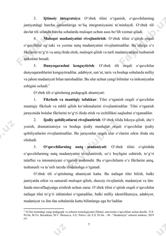 in va samarali muloqot qilish, shaxsiy rivojlanish, madaniyat va ilm-fanda muvaffaqiyatga erishish uchun zarur. o‘zbek tilini o‘qitish orqali o‘quvchilar nafaqat tilni to‘g‘ri ishlatishni o‘rganadilar, balki milliy identifikatsiya, adabiyot, madaniyat va ilm-fan sohalarida katta bilimlarga ega bo‘ladilar. ta’lim tizimida monitoring va nazorat usullari o‘quv jarayonining samaradorligini ta’minlash, o‘quvchilarning bilim darajasini aniqlash, ta’lim sifatini oshirish va o‘qitish jarayonini doimiy ravishda takomillashtirishda muhim rol o‘ynaydi. monitoring va nazorat nafaqat o‘quvchilarni baholash, balki ta’lim jarayonini tahlil qilish va o‘qituvchilar faoliyatini optimallashtirish uchun zarur vositalardir. 1. monitoringning ta’lim tizimidagi o‘rni monitoring o‘quvchilarning bilim va ko‘nikmalarini muntazam ravishda kuzatish, tahlil qilish va baholash jarayonini o‘z ichiga oladi. o‘quvchilarni monitoring qilish orqali o‘qituvchilar o‘quv jarayonida yuzaga kelayotgan muammolarni aniqlash, o‘quvchilarning o‘zlashtirish darajasini baholash, va o‘quvchilarga to‘g‘ri yo‘naltirish berish imkoniyatiga ega bo‘ladilar. monitoringning ta’lim tizimidagi o‘rni quyidagilardan iborat: · ta’lim sifatini oshirish: monitoring jarayoni ta’limning sifatini muntazam ravishda tahlil qilishga imkon beradi, bu o‘z navbatida o‘quv jarayonida kamchiliklarni …