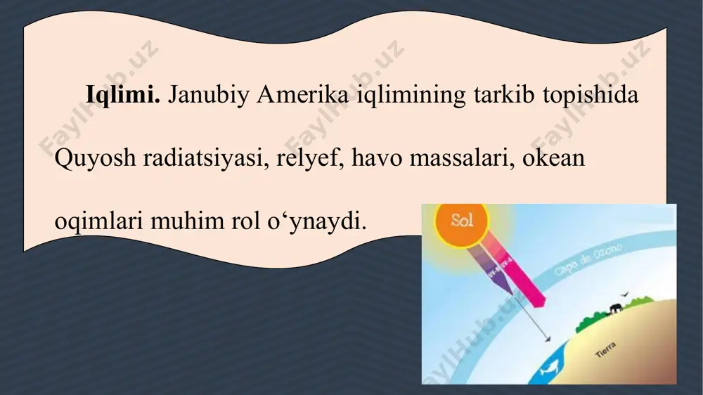 a namgarchilik ko‘p (1 000 — 2 000 mm), yanvarda havo harorati +25 °c, iyulda +10 + 15 °c atrofida bo‘ladi. mo‘tadil iqlim mintaqasi materikning janubiy qismini egallaydi. tinch okean sohilida yil davomida ko‘p yog‘in yog‘adi (2 000 — 3 000 mm), qishi yumshoq, yozi salqin keladi. mintaqaning sharqida mo‘tadil-kontinental iqlim tarkib topgan bo‘lib, yog‘in 300 — 400 mm, qishi sovuq, qorli. and tog‘larida balandlik iqlim mintaqalari tarkib topgan. ichki suvlari. janubiy amerika eng sersuv materik. uning eng katta va eng sersuv amazonka daryosi 500 dan ortiq irmoqqa ega. keyingi yillarda uning uzunligi ukayali irmog‘i bilan birga 6 992 km ekanligi aytilmoqda. uning o‘rta oqimidagi kengligi 5 km, quyi oqimida 80 km, quyilish joyida 320 km ga boradi. amazonka daryo suvining „ teskari oqish“ hodisasi 1 400 km yuqori oqimgacha kuzatiladi. bunga okeandagi qalqish hodisasi sababchidir. parana daryosi sersuvligi va uzunligi jihatidan materikda ikkinchi o‘rinda turadi. bu daryoda dunyodagi eng …
