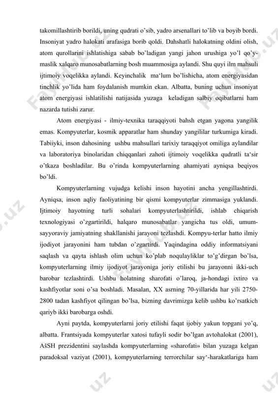 ilmiy ijodiyot jarayoniga joriy etilishi bu jarayonni ikki-uch barobar tezlashtirdi. ushbu holatning sharofati o’laroq, ja-hondagi ixtiro va kashfiyotlar soni o’sa boshladi. masalan, xx asrning 70-yillarida har yili 2750-2800 tadan kashfiyot qilingan bo’lsa, bizning davrimizga kelib ushbu ko’rsatkich qariyb ikki barobarga oshdi. ayni paytda, kompyuterlarni joriy etilishi faqat ijobiy yakun topgani yo’q, albatta. frantsiyada kompyuterlar xatosi tufayli sodir bo’lgan avtohalokat (2001), ašsh prezidentini saylashda kompyuterlarning «sharofati» bilan yuzaga kelgan paradoksal vaziyat (2001), kompyuterlarning terrorchilar say‘-harakatlariga ham xizmat qilayotgani fikrimizning dalilidir. madaniyatning ijtimoiy funktsiyasi ana shunday salbiy holatlarning oldini olishdan iboratdir. insoniyat ijodiy energiyasi yaratgan barcha ixtiro va kashfiyotlar ham jamiyat hayotidan o’rin olavermaydi. buning bir qancha sabablari mavjud. xviii-xix asrlarda o’zbek ma‘rifatparvarlari, keyincha-lik jadidchilik harakatining yirik namoyondalari ta‘lim tizimini isloh qilish jamiyatni inson-parvarlashtirish imko-nini beradigan qator g’oyalarni ishlab chiqdilar. biroq jami-yatda ushbu g’oyalarni o’z vaqtida ro’yobga chiqarish imkoniyatlari mavjud bo’lmagani bois ular ijtimoiy tafakkur tarixining muhim hodisasi sifatida qoldilar xalos. platon, …