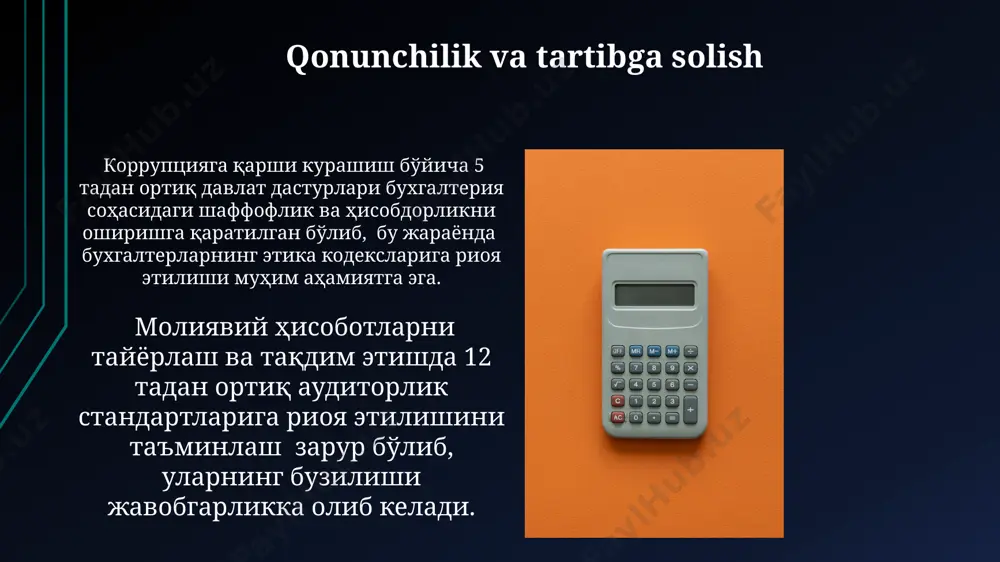 yilga asoslanadi, bu esa moliyaviy hisobotlarning aniqligi va ishonchliligini ta'minlaydi. buxgalteriya firibgarligi turlari buxgalteriya hisobotlarida 10% dan ortiq miqdorda aktivlarni noto'g'ri baholash yoki yashirish orqali sodir etiladigan yolg'on ma'lumotlar bilan bog'liq firibgarlik keng tarqalgan. mijozlar bilan tuzilgan shartnomalarni buzish orqali 20% dan ortiq soliq to'lovlarini yashirish va shu tariqa byudjetga zarar yetkazish, soliq firibgarligi hisoblanadi. axloqiy madaniyatni rivojlantirish moliyaviy hisobotlarning shaffofligi va to'g'riligi, ayniqsa 100 dan ortiq xodimli yirik kompaniyalar uchun, axloqiy madaniyatning asosiy ko'rsatkichidir. axloqiy madaniyatni rivojlantirishda korxonalarda kamida 3 ta axloq kodeksi bo'lishi va ularning samarali qo'llanilishi 80% dan yuqori samaradorlikni ta'minlaydi. e'tiboringiz uchun rahmat @taqdimot_robot image1.jpg image2.jpg image3.jpg image4.jpg image5.jpg image6.jpg image7.jpg image8.jpg image9.jpg image10.jpg image11.jpg image12.jpg