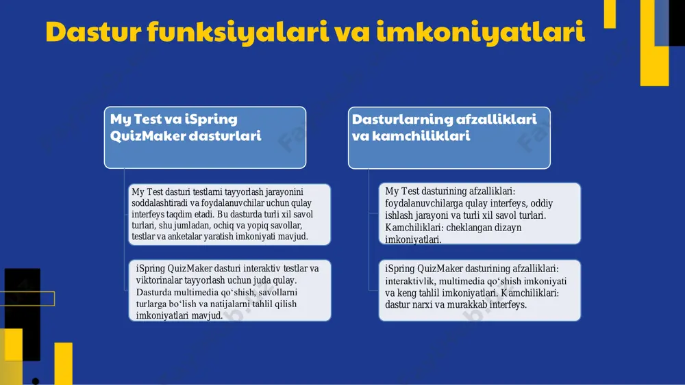 lanilgan adabiyotlar 1. akramov a. dastur interfeysi va funksiyalari. o'zbekiston respublikasi ta'lim vazirligi, 2022 2. toshpo'latov d. test tayyorlash jarayoni va metodologiyasi. o'zbekiston milliy universiteti, 2023 3. qodirov r. natijalarni tahlil qilish va baholash usullari. tashkent state university of economics, 2021 4. jumayev s. my test va ispring quizmaker dasturlari: imkoniyatlar va afzalliklar. o'zbekiston ta'limi, 2023 5. saidov m. baholash usullari va yondashuvlar. o'zbekiston ta'limi, 2022 slides carnivaldesigned by slides carnival e'tiboringiz uchun rahmat! https://www.slidescarnival.com/ https://www.slidescarnival.com/ slide 1 slide 2: reja slide 3 slide 4 slide 5 slide 6 slide 7 slide 8 slide 9 slide 10 slide 11