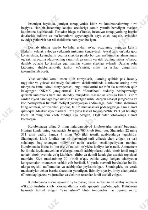 rijda “gazette” va 1702-yil londonda “daily courant” ko’p sonli haftalik nashr. o’rta osiyo davriy matbuoti. 1870-yil 28 aprelda toshkentda o’rata osiyo davriy matbuoti “turkistanskiye vedomosti va turkiston viloyati” gazetasi. i. gaspirinskiy “tarjimon” gazetasi. 1906-yilda “taraqqiy”, “shohnoma” “xurshid” va “shuhrat” gazetasi chop etilishi. “tujjor, osiyo, samarqand, sadoi turkiston, sadoi farg’ona va tirik so’z” gazetasi va m. behbudiyning “oyna” jurnali nashr etilishi. insoniyat hayotida, jamiyat taraqqiyotida kitob va kutubxonalarning o‘rni beqiyos. har bir insonning kelajak orzulariga zamin yaratib beradigan maskan kutubxona hisoblanadi. tarixdan bizga ma’lumki, insoniyat taraqqiyotining barcha davrlarida axborot va ma’lumotlarni qayerlargadir qayd etish, saqlash, avloddan avlodga yetkazish har xil shakllarda namoyon bo‘lgan. dastlab tilning paydo bo‘lishi, undan so‘ng yozuvning vujudga kelishi fikrlarni kelajak avlodga yetkazish imkonini kengaytirdi. avval xalq og‘zaki ijodi ko‘rinishida, keyinchalik yozma shaklda paydo bo‘lgan ma’lumotlar almashinuvi og‘zaki va yozma adabiyotning yaratilishiga zamin yaratdi. buning natijasi o‘laroq, dastlab og‘zaki ko‘rinishga ega matnlar yozma shaklga aylandi. davrlar osha kitobning …