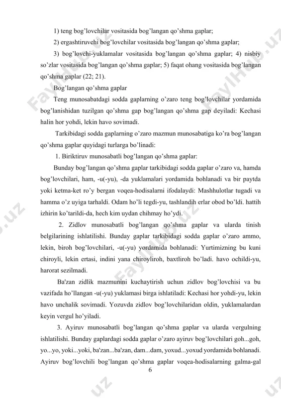 i o’zbek tilidagidek, fe`lning shart mayli formasi yordamida: har kim padshsh bolsa. 2. -r(-ar, - er, -ur, -ur) affiksli sifatdosh formasi yordamida: ul chin svzni palganga catar, durriu saminni najasatsha atar (nav. mk). 3. fe`lnyng anikdik mayli formasi yordamida: har kishi kim tiriklik manziuliuga kelibtur, axiur dunya gamxanasiudiun kechkusidur (bn). kesim ergash gapli qo’shma gaplar. kesim ergash gap bosh gapning olmosh bilan ifodalangan kesimini izohlab, bosh gapga hozirgi uzbek tilvdagidek, -ki,-kim boglovchisi orkali boglangan. bosh gapning kesimi vazifasida hozirgi uzbek tilida shu olmoshi keladi. eski uzbek tilida esa ko’proq. bu, bular, ulu andac kursatish olmoshlari qo’llangan. to’ldiruvchi ergash gapli qo’shma gaplar. ma`lumki, to’ldiruvchi ergash gaplar bosh gaplardagi tuldiruvchi mavkei (poziciyasi)ning ma`nosini tuldirib keladi va bosh gapga –ki -kim shakliy vositasi orkali bog’lanadi. hozirgi uzbek tilida tuldiruvchi ergash gaplar bosh gapga fe`lnyng shart mayli yxakli, deb yordamchisi, -mi,chi,-ku yuklamalari va -ki boglovchisi yordamida boglanadi. eski uzbek tilida esa asosan -ksh-kim vositasida …