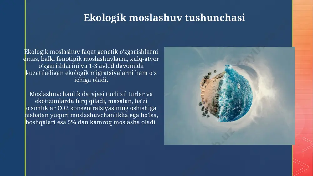 oylarini yo'qotish xavfi ostida, bu esa biologik xilma-xillikning sezilarli darajada kamayishiga olib keladi. iqlimi o'zgarish tufayli 2050-yilga kelib, o'rta osiyo mintaqasida suv resurslari 15-20% ga kamayishi va bu qurg'oqchilikka, agrobioxilma-xillikning pasayishiga olib kelishi taxmin qilinmoqda. iqlim o'zgarishiga kirish dunyo miqyosida 1 milliarddan ortiq odam iqlim o'zgarishi ta'siriga juda zaif bo'lgan hududlarda yashaydi, bu esa suv ta'minoti va oziq-ovqat xavfsizligini tahdid qiladi. iqlim o'zgarishi, asosan, antropogenik omillar tufayli yuzaga keladi va 19-asr oxiridan buyon global o'rtacha harorat 1°c ga ko'tarilgan. texnologiyalar va innovatsiyalar iqlim oʻzgarishiga moslashish uchun 30 dan ortiq mamlakatda quyosh energiyasi texnologiyalari qoʻllanilmoqda, bu esa karbon emissiyasini sezilarli darajada kamaytirishga yordam beradi. sun'iy intellekt algoritmlari yordamida o'simliklarning iqlim o'zgarishiga chidamliligini baholash bo'yicha 1000 dan ortiq turdagi o'simliklarning genetik ma'lumotlari tahlil qilinmoqda. kelajakdagi istiqbollar iqlim o'zgarishi tufayli suv resurslari tanqisligi 2040-yilga borib 50% ga ko'payadi, bu esa oziq-ovqat xavfsizligi va inson salomatligiga jiddiy tahdid soladi. o'simlik va hayvonot dunyosining 30% …