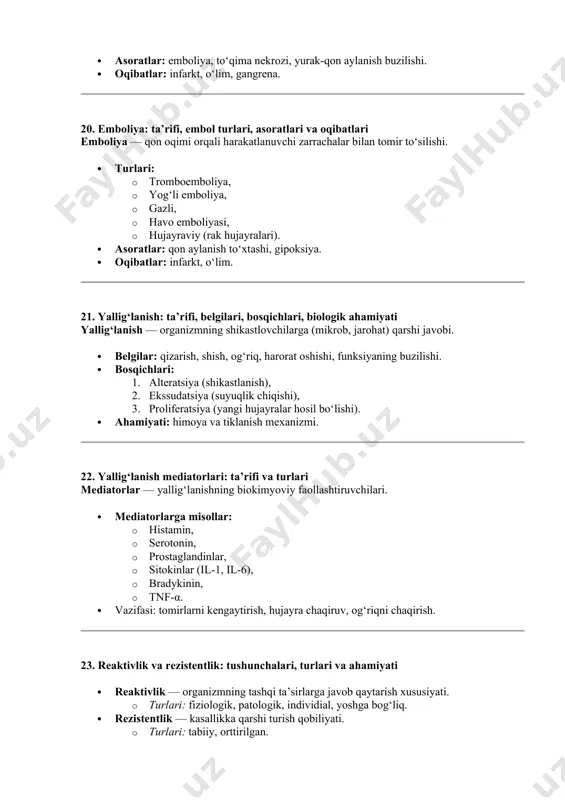 ik): · antigen (allergen) ige bilan bog‘lanib, eozinofil va bazofillarni faollashtiradi. · mediatorlar (histamin) chiqariladi. · misollar: bronxial astma, anafilaktik shok, eshakemi. · tez rivojlanadi — daqiqa yoki soat ichida. 27. sekin rivojlanuvchi allergik reaksiyalar: turlari va mexanizmi iv-tur (kechikkan, hujayraviy): · t-limfotsitlar ishtirokida yuz beradi. · mahalliy yallig‘lanish chaqiradi. · misollar: kontakt dermatit, silga qarshi mantuda reaksiya. · 12–48 soatda rivojlanadi. 28. ekzoallergenlar va endoallergenlar: tushunchasi va misollar · ekzoallergenlar – tashqi muhitdan kiruvchi moddalar. · misollar: chang, oziq-ovqat, dorilar. · endoallergenlar – organizm o‘z hujayralariga nisbatan allergik javob beradi. · misollar: o‘zgarishga uchragan oqsillar, autoimmun kasalliklar (qizil yuguruk). 29. suv-elektrolit almashinuvi buzilishlari asosiy ko‘rsatkichlari · bosh ko‘rsatkichlar: · plazma osmotik bosimi, · qon elektrolitlar: na⁺, k⁺, cl⁻, hco₃⁻, · diurez, · qon ph. · buzilish holatlari: · giper/giponatriyemiya, · asidoz/alkaloz, · suv ortishi (gidremiya), · suv yetishmovchiligi (degidratatsiya). 30. degidratatsiya: turlari, sabablari, organizmdagi o‘zgarishlar degidratatsiya — organizmda suyuqlik …