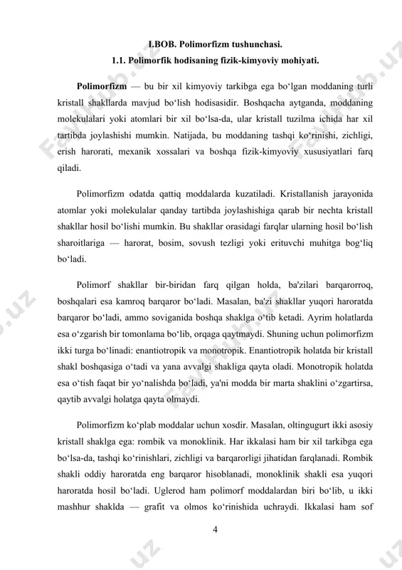 larni, moddiy o‘zgarishlarni yaxshiroq tushunish mumkin bo‘ladi. polimorfizm hodisasi fizika va kimyo fanlarining tutashgan nuqtasida joylashgan bo‘lib, moddalarning tuzilish xilma-xilligini o‘rganishda muhim rol o‘ynaydi. bu hodisa moddaning faqat tashqi ko‘rinishini emas, balki uning ichki kristall tuzilmasini ham o‘zgartiradi. har xil kristall shakllar moddaning tabiatini, energiyasini va atrof-muhitga bo‘lgan ta’sirchanligini belgilaydi. shu sababli, polimorfizm — bu oddiygina shakl emas, balki moddaning butun tabiatiga ta’sir ko‘rsatuvchi hodisa hisoblanadi. ba’zan bir modda bir vaqtning o‘zida bir nechta polimorf shakllarda mavjud bo‘lishi mumkin. bu holat ayniqsa aralash fazalarga boy bo‘lgan moddalar uchun xos. bunday aralash shakllar odatda o‘zgaruvchan harorat yoki bosim ostida vujudga keladi va ularning tarkibida turli polimorf kristall elementlari bir vaqtning o‘zida mavjud bo‘ladi. bu esa moddaning fizik xossalarini yanada murakkablashtiradi. ba’zida esa polimorf o‘zgarishlar asta-sekinlik bilan sodir bo‘ladi, bu jarayon yillar davomida kechishi mumkin. moddalarning polimorf shakllari orasidagi energetik farq odatda kichik bo‘ladi, lekin bu kichik energiya farqlari moddaning barqarorligi va …