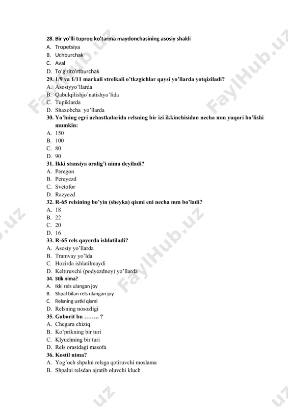 tilgan? a. yo’l xo’jaligi sistemasi b. texnikaviy foydalanish qoidalari c. joriy tamirlash yo’riqnomasi d. снип ii –39 – 76. 44. keltirilgan uzunlik bir yo’lli uchastkada okolotka uzunligi qanday aniqlanadi? a. 25 km b. 30 km c. 10 km d. me’yori chegaralan-maydi 45. tuproq ko’tarma tuzilishi nimalardan iborat? a. grunt, brobka, obochina, otkos, asosiy maydoncha b. polosa otvod, berma, nasip, viemka c. asosiy maydocha, grut oxranniy zona d. ballast qatlami,grunt sun’iy inshoot 46. ballast qatlami necha qatlamdan iborat? a. 2 va 3 qatlamli b. 3 va 5 qatlamli c. 1 va 3 qatlamli d. 1 va 4 qatlamli 47. ballastqatlaminingbalandliginingo’lchami? a. 50 sm b. 60 sm c. 30 sm d. 40 sm 48. qum yostiqchasi qalinligi necha sm bo’ladi? a. 20 b. 30 c. 40 d. 50 49. relsning kimyoviy tarkibi? a. uglerodmarganetskremniyfosforsera b. vodorodmagniyborvanadiy c. kremniyvodorodseramis d. vodorodseramis 50. yog’och shpalining balandligi necha mm bo’ladi? a. 180 b. 200 c. …