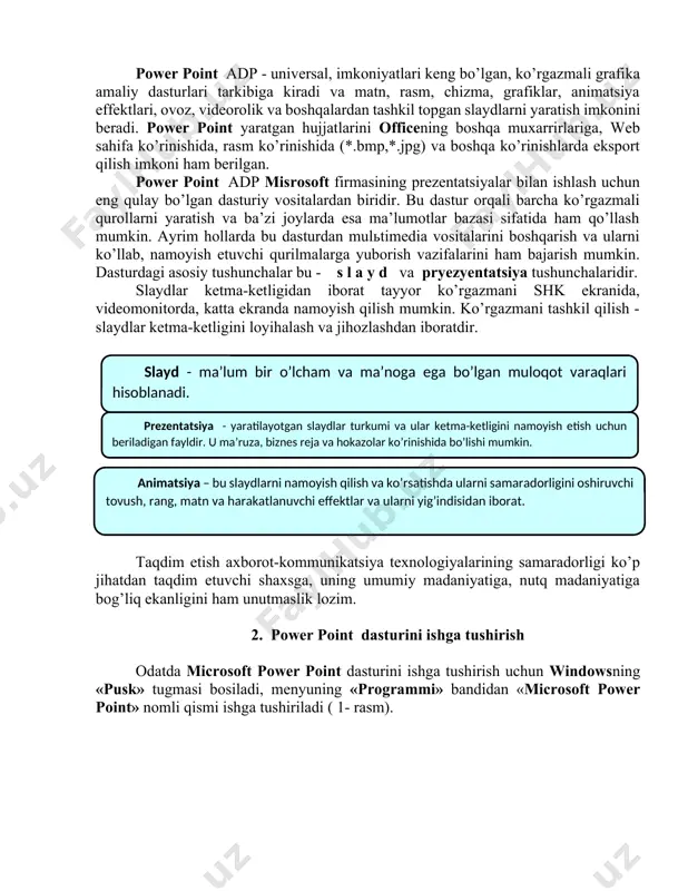 slaydlarni ko‛rish rejimi xususiyatlarini o‛zgartirish, masshtablar, oynalar va makroslar bilan ishlashga xizmat qiladi: power point dasturi haqida umumiy tushuncha har qanday mutaxassis o’zining ish faoliyati davomida ish rejalari va taklif etayotgan mahsulotlari haqida so’zlab berish uchun ma’ruza qilishga to’g’ri keladi. bunday vaqtlarda u ma’ruzani tez, yaxshi, sifatli, tushunarli va chiroyli qilib tayyorlashi zarur bo’ladi. ushbu muammoni hal qilish uchun u qanday dasturiy ta’minot turlaridan foydalanish mumkin degan savol tug’iladi. matn muxarriri uning barcha muammolarini xal qilib bera oladimi? bir necha xil dasturlardan foydalanish va ularning natijalarini umumlashtirish tezda kerakli yechimga olib kelishi mumkinmi? bu muammoni yechishda, ya’ni chiroyli taqdimot tayyorlashda eng samarali va universal vositalardan biri - bu microsoft office ilovasidagi – power point adpdan foydalanish maqsadga muvofiqdir. u grafik axborotlar, slaydlar, ovoz, video kliplar, animatsiyalardan foydalanib, sifatli taqdimotlar yaratish imkonini beradi. bugungi kunda reklamalarga juda keng e’tibor berilmoqda. reklamalarning har xil ko’rinishlari: varaqalar, e’lonlar, tele va radio reklamalar sizga …