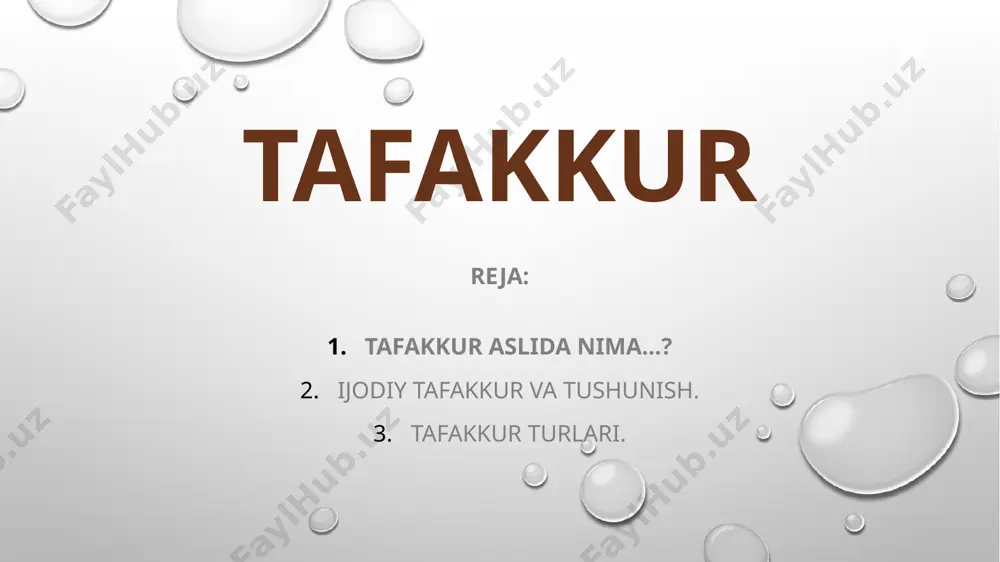 im b o ’lgan tafakkur harakatlari o ’sha shaxsning o ’z tilaklarini ro ’yobga chiqarishga y o ’naltirilgan fikr yuritilishdan iborat individuallik yoki individualistik tafakkurdir tevarak-atrofdagi voqelikni o‘zgartirish yo‘li bilan o‘zimizga keraklireal narsalarni va hodisalarni olishga yoki yaratishga qaratilgan tafakkuramaliy tafakkur deb ataladi. tg tafakkur sifatlari mundorligi. 4.mustaqilligi chuqurligi 5.ixchamligi kengligi 6.tezligi tafakkur chuqurligi-moddiy dunyodagi narsa hodisalarning asosiy qonunlari, qonuniyatlariga, xossalari, sifatlari ularning o’zaro boglanishlari munosabatlari tafakkurimizda to’liq aks etganini tushunishimiz kerak tafakkur tezligi-qo'yilgan savolga va muammoga to’liq javob olingan vaqt bilan belgilanadi tafakkur kengligi-o'zining mazmundorligi chuqurligi kabi sifatlari bilan muntazam aloqada bo’ladi. tafakkurni mustaqilligi -kishining shaxsiy tashabbusi bilan o ‘z oldiga aniq maqsad, yangi vazifalar qo’ya bilishi. ular yuzasidan am aliy va ilm iy xarakterdagi faraz, gipoteza qilish. natijani ko’z oldiga keltira olishi. tafakkur ixchamligi deganda muammoni hal qilishning dastlab tuzilgan rejasi m azkur jaixchamligisala yechish shartini qanoatlantirmay qolsa, nomutanosiblik hosil bo ’lsa hech ikkilanm ay elastik ravishda o …