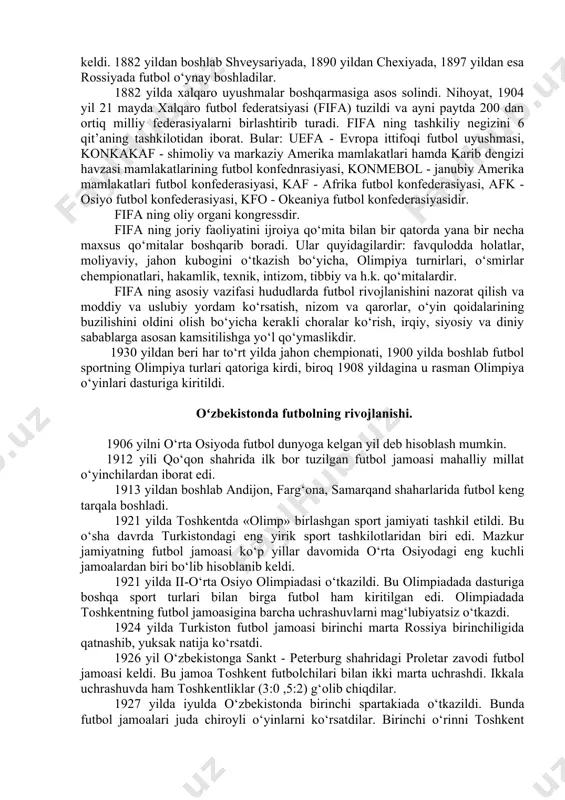 qo‘l, ham oyoq bilan o‘ynashga qaror qildilar. undan ilgari to‘p o‘ynashning bir xil qoidalarni o‘rnatishga va ishlab chiqishga harakat qilgan edilar. biroq bu o‘yin dunyo ko‘zini ko‘rmasdan yo‘qoldi. mana shunga qaramasdan, bu qoida ko‘pchilik kollejlarda «kembridj qoidasi» sifatida ma’lum edi. bizga etib kelgan birgina qoida 1863 yili dekabr oyida nashr qilindi. albatta uni hozirgi zamon qoidalari bilan solishtirib ko‘rilganda katta o‘zgarish bor. baribir ushbu qoidalar qo‘llanilib borildi, asta-sekinlik bilan zamonaviy ko‘rinishga keldi. 1863 yil 26 oktyabrda londonda angliya futbol uyushmasining tashkil etilishi paytida bu o‘yinning 13 moddadan iborat bo‘lgan ilk rasmiy qoidalari tasdiqlangan. keyinchalik bu qoidalar boshqa barcha milliy uyushmalar uchun futbol o‘yinining asosi bo‘lib koldi. futbol o‘yinining ilk qoidalarida belgilanishicha, maydon uzunligi 200 yard (183 metr) dan, kengligi 100 yard (91 metr) dan oshiq bo‘lmasligi kerak. darvozalar ikki ustundan iborat bo‘lib, ular orasida to‘sin bo‘lmagan va ustunlar orasidagi masofa 8 yard (7,32 m) bo‘lgan. 1866 yilda balandlikni cheklash uchun …