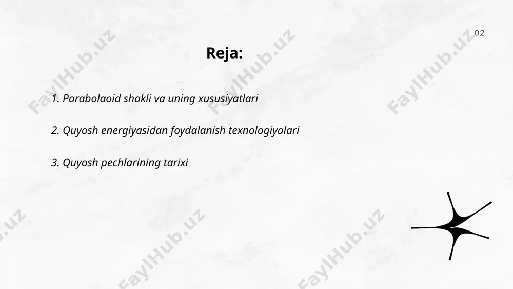 0-yillarda aqshda quyosh pechlariga qiziqish ortdi va ko'plab tadqiqotlar olib borildi. hindiston va xitoy kabi davlatlar quyosh pechlaridan zamonaviy foydalanishni rivojlantirishdi. bugungi kunda quyosh pechlari energiyani tejashda va ekologik toza pishirishda keng qo'llaniladi. ular kunlik hayotda muhim o'rin tutadi va issiqxona gazlarining kamayishiga yordam beradi. ... t.me/slaydai_bot 4. parabolaoid quyosh pechlarining arxitekturasi paraboloid quyosh pechlari quyosh energiyasini samarali yig'ish va konsentratsiyalash uchun mo'ljallangan arxitektura ob'ektlari hisoblanadi. ushbu tuzilmalarning qiyofasi paraboloid shaklida bo'lib, u quyosh nurlarini yig'ish va ma'lum bir nuqtaga yo'naltirish uchun foydalaniladi. parabolik yuzasining shakli tufayli quyosh nurlari markazga yo'naltirilmoqda va energiya konsentratsiyasi 3000°c gacha bo'lishi mumkin. ushbu texnologiya yirik sanoat dasturlarida, masalan, metallurgiya va materiallar ilmiy-tadqiqot ishlarida qo'llaniladi. paraboloid quyosh pechlarining samaradorligi ularning dizayni va materiallariga bog'liq, ammo optimal sharoitlarda 60-80% samara berishi mumkin. bu texnologiya energiya tejash va ekologik tozaligi bilan ajralib turadi. ... t.me/slaydai_bot quyosh pechlarining termodinamikasi quyosh energiyasidan foydalanib issiqlik energiyasini hosil qilish jarayonini o'z …