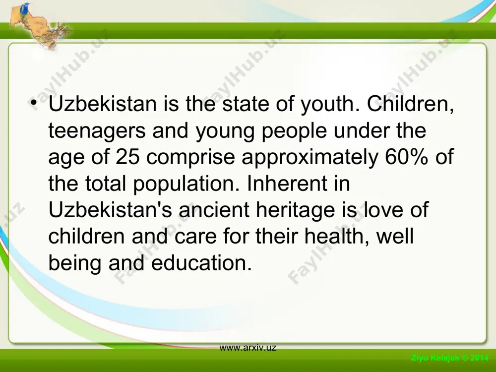 potential of the educational system and to modify our goals and activities in order to develop individuals who are capable to build and live in a democratic civil society and a free market economy. ziyo kelajak © 2014 www.arxiv.uz www.arxiv.uz these reforms, however, do not only reflect nationalistic aspiration. since securing independence, the uzbekistan nation realized its great responsibility as citizens of the international community and as citizens of our planet. therefore one of our main goals is to educate a healthy generation , both physically and mentally. the main principals of our new educational policy support this endeavor. our goals are determined as the following: humanistic, democratic methods of teaching and socialization, priority to human values , national and cultural traditions, and the separation of educational institutions from the influence of political parties and social and political movements . ziyo kelajak © 2014 www.arxiv.uz www.arxiv.uz ziyo kelajak © 2014 …
