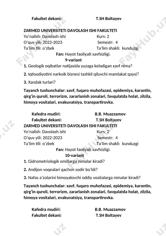 li, terrorizm, zararlanish zonalari, favqulatda holat, zilzila, himoya vositalari, evakuvatsiya, transpartirovka. kafedra mudiri: b.b. muazzamov fakultet dekani: t.sh boltayev zarmed universiteti davolash ishi fakulteti yo’nalish: davolash ishi kurs: 2 o’quv yili: 2022-2023 semestr: 4 ta’lim tili: o’zbek ta’lim shakli: kunduzgi fan: hayot faoliyati xavfsizligi. 15-variant 1. fuqaro muhofazasi nima? 2. yadroviy qurollarning o’lchov birligi qaysi? 3. ziddizaharlarga misol keltiring? tayanch tushunchalar: xavf, fuqaro muhofazasi, epidemiya, karantin, qirg’in quroli, terrorizm, zararlanish zonalari, favqulatda holat, zilzila, himoya vositalari, evakuvatsiya, transpartirovka. kafedra mudiri: b.b. muazzamov fakultet dekani: t.sh boltayev zarmed universiteti davolash ishi fakulteti yo’nalish: davolash ishi kurs: 2 o’quv yili: 2022-2023 semestr: 4 ta’lim tili: o’zbek ta’lim shakli: kunduzgi fan: hayot faoliyati xavfsizligi. 16-variant 1. fuqaro muhofazasi tibbiy xizmati qachon tuziladi va qachon faoliyat yuritadi? 2. yadro qurollari kuch jihatdan nechta guruhga bo’linadi? 3. ko’chirish turlarini sanab bering? tayanch tushunchalar: xavf, fuqaro muhofazasi, epidemiya, karantin, qirg’in quroli, terrorizm, zararlanish zonalari, favqulatda holat, …