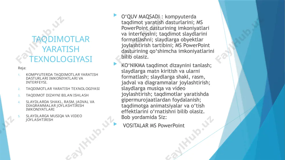 et, jarayon)ni texnik vositalar yordamida yoki ular ishtirokisiz namoyish qilishga yo‘naltirilgan usul. taqdimotni muvaffaqiyatli tashkil etish uning dizayni va namoyish etish usuliga bog‘liq. kompyuterdan foydalangan holda taqdimotni yaratish obyekt haqida to‘liq tasavvur hosil qilish imkoniyatini beradi. taqdimot lotincha praesentatio so‘zidan olingan bo‘lib, “taqdim etish” degan ma’noni bildiradi. jadvalda taqdimot yaratish uchun foydalanilib kelinayotgan mashhur dasturlardan namunalar keltirilgan. ms powerpoint dasturidan foydalanuvchilar soni boshqa dasturlar foydalanuvchilari sonidan ancha ko‘p. ms powerpoint dasturi 1987-yilda apple macintosh kompyuterlari uchun ishlab chiqilgan bo‘lib, robert gaskins va dennis ostin dasturning mualliflari hisoblanadi. ishlab chiqilgan dastlabki vaqtda dastur faqat oq-qora formatda taqdimot yaratish imkoniyatigagina ega bo‘lgan hamda“prezenter” nomi bilan atalgan. dastur ishlab chiqilgan yilning o‘zidayoq microsoft kompaniyasi tomonidan sotib olingan va 1990-yilda microsoft office paketi tarkibiga kiritilgan ms powerpoint dasturining asosiy imkoniyatlari • kompyuter taqdimotini yaratish; • kompyuter taqdimotini qayta ishlash; • kompyuter taqdimoti uchun maxsus effektlarni o‘rnatish hamda sozlash; • kompyuter taqdimotini namoyish etish; • …
