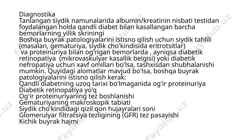 heterojen guruhlariga asoslangan bo'lishi mumkin). buyrak allogreftining ikki yillik omon qolish darajasi 85% dan ortiq. asosiy fikrlar diabetik nefropatiya ko'pincha rivojlangan bosqichga qadar asemptomatikdir va diabet bilan og'rigan barcha bemorlarda e'tiborga olinishi kerak. qandli diabet bilan og'rigan barcha bemorlarda vaqti-vaqti bilan siydik tahlilini o'tkazish kerak, agar proteinuriya bo'lmasa, albumin / kreatinin nisbati ertalab soat 9 dan keyin olingan siydik tahlili asosida hisoblanadi. gipertenziyani faol davolash kerak, odatda angiotensin inhibitörleri bilan boshlanadi. gemoglobin a1c ni ≤ 7,0 da ushlab turish uchun glyukoza darajasini kuzatib boring . e’tiboringiz uchun rahmat /docprops/thumbnail.jpeg