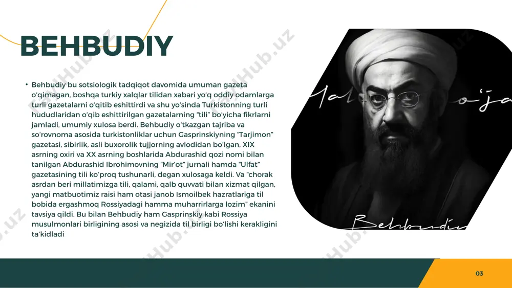 n birga tilning muhofaza choralarini ko‘rish lozimligini ta’kidlaydi. “sayyohat xotiralari”da bu borada yahudiylardan ibrat olsa arzishini bayon etib, “...hammamiz eski yahudiy tili (ibroniy) o‘quymiz, - deydi suhbatdoshlardan biri. - man o‘zim ruschadan boshqa bilmas edim. bir yildan beri haftada ikki soat ibroniycha o‘qidim. endi ibroniycha o‘qudim. endi ibroniycha so‘ylayman, yozaman.” muallif o‘sha suhbatdoshi boshqa bir falastin yahudiysi bilan ibroniycha so‘zlashgani va ”dunyodagi butun yahudiylarning endi tili birlashur” suyunganini ta’kidlashni ham unutmaydi. yahudiylarning bunday suyunishi bilan kifoyalanmay, imkon bo‘lgan har bir vaziyatdan foydalanishni ham biladilar. “adrnada, - deydi behbudiy, - katta rasta va chorsularni kezdim. ellik-oltmish do‘konda zo‘rg‘a bir musulmon lavhasi(viveskasi) ko‘rulub, aksari “yuhanna”, “sholom”, “niqula”, “o‘rxaydmiyus” va amsoli yahudiy ismlaridur” 09 mahmudxo‘ja behbudiyning til xususidagi qator asarlari bugungi kunda ham ahamiyatini yo‘qotgani yo‘q. masalan, “kitob-ul atfol”(bolalar maktubi) asari o‘z davrida bir necha marta nashr etilgan edi. bu kitobga qirqqa yaqin forsiy va insholardan namunalar kiritilgan. shahodatnoma va boshqa ish yuritishga …