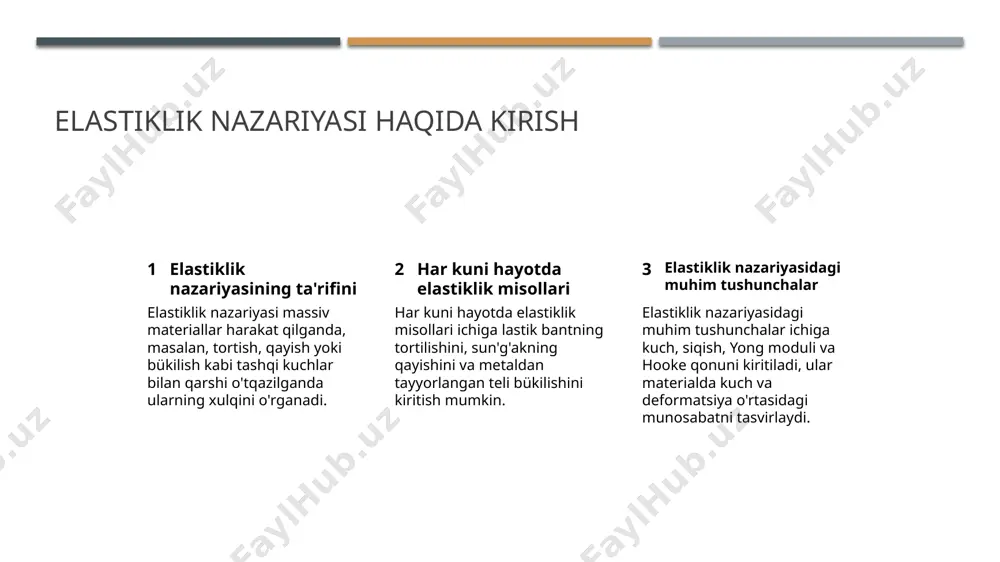 shuvchilar va to'liqlar misollari kiritilgan. hooke's lawning nazariyasi 1 2 3 hooke's lawning nazariyasi tavsifi hooke's lawning nazariyasi amaliyoti hooke's lawning nazariyasi misoli hooke's lawning nazariyasi, yayning uzayish yoki qisqarmas uchun kerakli kuchning o'sishiga teng bo'lgan masofaga nisbatan ekanligini aytadi. hooke's lawning nazariyasi ommaviy ravishda muhandislikda binolar, ko'prik va mexanik komponentlarni loyihalash va tahlil qilish uchun ishlatiladi. masalan, bir kuch yayga qo'llanilganda, bu kuch hooke's lawning nazariyasi bo'yicha kuchlanadi, kuch olib tashlanganida kuchi qoldan chiqariladi. muhandislikda elastiklik nazariyasi ilgari qurilish tahlili elastiklik nazariyasi most qurilishlarning har xil yuklamalar ostida davranishini tahlil qilish uchun qo'llaniladi, masalan, ko'prik, binolar va to'lqinlar. materialni sinovlash muhandislar elastiklik nazariyasidan materiallar mekanik xususiyatlarini, tashqi kuch, tovush, va deformatsiyani sinovlash uchun foydalanadi. dizayn optimalizatsiyasi elastiklik nazariyasi muhandislar uchun mehanik qismlarning dizaynini optimallashtirishga yordam beradi, ularni har xil ish sharoitlari va yuklamalarga qodir bo'lishiga ishonch hosil qiladi. chegaralar element tahlili muhandislar elastiklik nazariyasidan chegaralar element tahlilida murakkab qurilish …