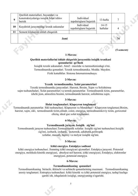 man qonuni nurli issiqlik almashish turlari.issiqlikning nurlanish qonunlari. nurlarning tulkin uzunligi. nurlanish; nurlanish zichligi; nurlanish jadal ligi; nurlanish qonunlari. 4-mavzu: yoqilg'i turlari. shartli yoqilg'i yoqilg'ilarning umumiy tarifi. qattiq, suyuq va gazsimon yoqilg'ilar. yoqilg'ining tarkibi. yoqilg'ilar, motor yoqilg'ilari, yonish issiqligi, yonish mahsulotlari, yonishning energetik va ekologik muammolari. 5-mavzu: ichki va tashqi yonuv dvigatellari. karno sikli ichki yonuv dvigatellari turlari. mexanizmlar. tashqi yonuv dvigatellari. reaktiv dvigatellar. to'rtta takt, mexanizmlar, sistemalar, transportlar, ichki va tashki yonuv dvigatellari, sikllar, raketa dvigatellari. 6-mavzu: bug' xolatlari. bug' turbinalari. renkin sikli bug' turbinalarining turlari, tuzilishi va ish prinsipi. bug' turbinasidagi isrоflar va fik, ishlatilishi va kelajagi. gaz turbinalarining turlari, tuzilishi va ish sikllari. gtqlarning ishlash sоhalari va kelajagi. turbina, rоtоr, aktiv turbina, reaktiv turbina, reaktiv turbina,mexanik energiya. 7-mavzu: murakkab issiqlik almashish jarayonlari. regenarativ va rekuperativ issiqlik almashinish issiqlik almashish jarayonlari. regenarativ va rekuperativ jarayonlar . suvni suv orqali isitish..issiqlik almashish apparatlari,bug' yoki gazlar orqali issiq suv oqimini …