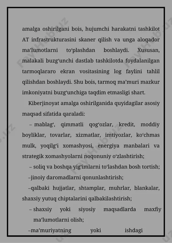 rning o‘rni qonunda belgilangan tartibda qoplanishi yoki ma’naviy ziyon kompensasiya qilinishi huquqiga ega. 11- modda. axborotni muhofaza etish har qanday axborot, agar u bilan qonunga xilof ravishda muomalada bo‘lish axborot mulkdori, egasi, axborotdan foydalanuvchi va boshqa shaxsga zarar yetkazishi mumkin bo‘lsa, muhofaza etilmog‘i kerak. axborotni muhofaza etish: · shaxs, jamiyat va davlatning axborot sohasidagi xavfsizligiga tahdidlarning oldini olish; – axborotning maxfiyligini ta’minlash, tarqalishi, o‘g‘irlanishi, yo‘qotilishining oldini olish; – axborotning buzib talqin etilishi va soxtalashtirilishining oldini olish maqsadida amalga oshiriladi. 13-modda. shaxsning axborot borasidagi xavfsizligi shaxsning axborot borasidagi xavfsizligi uning axborotdan erkin foydalanishi zarur sharoitlari va kafolatlarini yaratish, shaxsiy hayotiga taalluqli sirlarini saqlash, axborot vositasida qonunga xilof ravishda ruhiy ta’sir ko‘rsatilishidan himoya qilish yo‘li bilan ta’minlanadi. jismoniy shaxslarga taalluqli shaxsiy ma’lumotlar maxfiy axborot toifasiga kiradi. jismoniy shaxsning roziligisiz uning shaxsiy hayotiga taalluqli axborotni, xuddi shuningdek, shaxsiy hayotiga taalluqli sirini, yozishmalar, telefondagi so‘zlashuvlar, pochta, telegraf va boshqa muloqot sirlarini buzuvchi axborotni to‘plashga, …