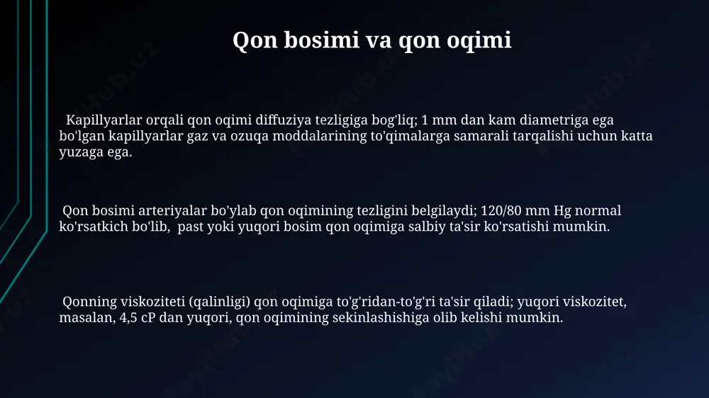 20% gacha qo'shimcha qon oqimini olib kelishi mumkin. qolgan qismga arteriya qon ta'minoti asosan 3 ta asosiy arteriya shoxchalari orqali amalga oshiriladi, ularning diametri 2-4 mm gacha bo'lishi mumkin. qon oqimining tartibga solinishi qon oqimining tartibga solinishiga miogenik avtoregulaysiya, metabolik omillar (kislorod, karbonat angidrid, laktat), va endoteliyga ta’sir etuvchi omillar kabi bir qancha mexanizmlar ta’sir qiladi. qon oqimining tartibga solinishida 70% ga yaqini simpatik nerv sistemasining vazokonstriktor ta’siriga, 30% ga yaqini esa parasimpatik nerv sistemasining vazodilatator ta’siriga bogʻliq. mikrotsirkulyatsiya darajasida qon oqimi prekapillyar sfinkterlar orqali 10-100 mkm diametrli qon tomirlarning ochilish va yopilishini tartibga solish orqali boshqariladi. kollateral qon aylanishi kollateral qon aylanishining samaradorligi, asosan, mavjud kollateral tomirlarning diametri va soniga bog'liq bo'lib, ularning umumiy luminal maydoni 70% gacha o'zgarishi mumkin. kollateral qon aylanishining rivojlanishiga yosh, umumiy sog'liq holati va tomir devorlarining elastikligi kabi omillar ta'sir qiladi, bu jarayonning tezligini 2-3 baravar farq qilishi mumkin. aorta yoki yirik arteriyalar bloklanishi …