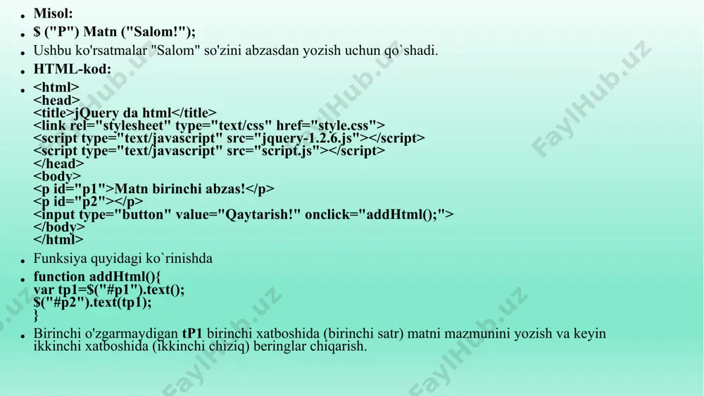 ing asosi bo’lib qilgan. formalar asosan ro’yxatdan o’tishda , kommentariyalar yozishda , qandaydir blankalarni to’ldirishda zarur bo’ladi. foydalanuvchilar formalarni to’latib , serverga jo’natish jarayonida kiritilgan ma’lumotlarning to’liqligi va to’g’riligini tekshirish uchun alohida skriptlar yoziladi. html5da yangi web forms 2.0 nomli formalar bilan ishlash uchun tartib qoidalar ishlab chiqilgan. yangi “required” va “email” nomli atributlar orqali avtomat tarzda foydalanuvchi kiritgan ma’lumotlar tekshiriladi. hattoki elektron pochta adreslari to’g’ri kiritilganligi to’g’risida ma’lumot beradi. bu atributlardan boshqa yana bir necha forma ma’lumotlarini tekshiradigan atributlar mavjud(url, data, datetime, week, month, number,..). html5 ning yana bir yutug’i user interaction nomli qismi. bu qism orqali saytni interaktiv shaklda yaratish mumkin. contenteditable atributi orqali saytni qaysi qismini foydalanuvchilar o’zgartirish mumkinligini belgilab qo’yish mumkin. shablonlar yaratish jarayonida bu atributni ishlatish qulay bo’ladi , ya’ni web texnologiyadan xabarsiz bo’lgan foydalanuvchilar ham visual tarzda sayt qismlarini o’zgaretirish mumkin bo’ladi. javascript dasturlash tili haqida ma’lumotlar: javascript bu web sahifalarni o’zaro ta’sirini hosil …