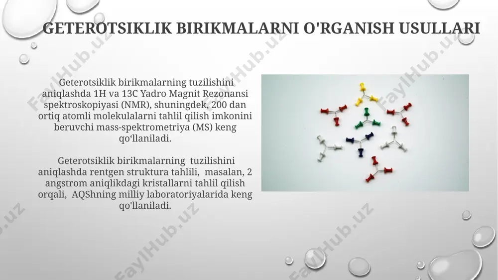 onlardagi ahamiyati katta, shu jumladan, 200 dan ortiq dorilarning tarkibiga kiradi. geterotsiklik hosilalarning biologik faolligi indol, triptamin va serotonin kabi geterotsiklik metabolitlarning 5-ht reseptorlari bilan o'zaro ta'siri neyrotransmitter sifatida faoliyatini belgilab, miya faoliyatini 20% ga o'zgartirishi mumkin. geterotsiklik birikmalar, masalan, purinlar va pirimidinlar, dnk va rnkni tashkil etuvchi asosiy tarkibiy qismlar bo'lib, ularning 100 dan ortiq turdagi biologik faolligi o'zbekiston olimlari tomonidan o'rganilgan. geterotsiklik metabolitlarning kimyoviy modifikatsiyasi geterotsiklik metabolitlarning, masalan, purinlarning, n-metillanishi kabi kimyoviy modifikatsiyasi jigar hujayralarida, taxminan 37°c haroratda, s-adenozilmetionin (sam) fermenti yordamida sodir bo'ladi. 5-metilsitoxin, dnk tarkibida uchraydigan geterotsiklik metabolit, sitoxrom p450 fermentlari yordamida, rossiyada o'tkazilgan tadqiqotlarga ko'ra, gidroksillanish reaksiyasi orqali modifikatsiyaga uchraydi. geterotsiklik birikmalar: kirish o'zbekistonning tabiiy o'simliklaridan ajratib olingan 100 dan ortiq geterotsiklik birikmalar bioaktiv xususiyatlarga ega ekanligi aniqlangan. dunyo bo'ylab 2000 yildan ortiq geterotsiklik birikmalarga asoslangan dorilar, jumladan, antibiotiklar va antiviral preparatlar ishlab chiqarilgan. geterotsiklik metabolitlarning hosilalari 2023-yilgi tadqiqotlar shuni ko'rsatdiki, o'zbekiston o'simliklaridan ajratib olingan …