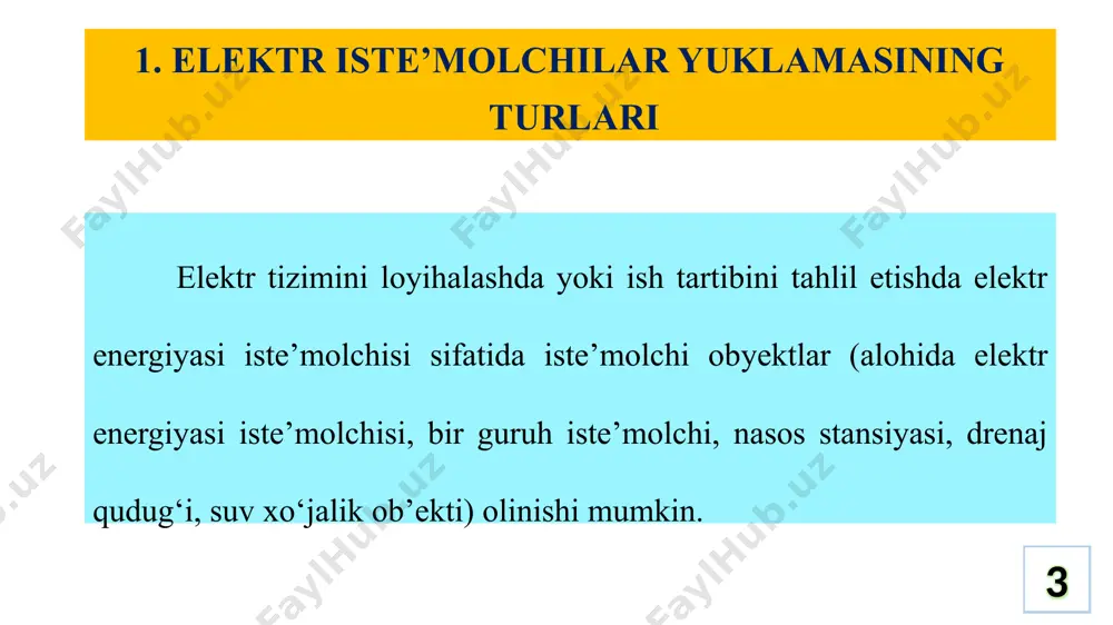 kiradi: - o‘rnatilgan quvvat va talab koeffitsiyenti; - o‘rtacha quvvat va yuklama grafigining shakli; - o‘rtacha quvvat va maksimum koeffitsiyenti (diagrammani tartibga solish). 15 ikkinchi yordamchi guruh, quyidagi hisob usullarini qamrab oladi: - ma’lum vaqt oralig‘ida ishlab chiqarilgan mahsulot birligiga teng miqdorda sarf qilingan elektr energiyaga asosan. 16 elektr ta’minoni 17 - ishlab chiqarish maydoni yuzasiga teng miqdorda sarflangan solishtirma yuklama asosida. hisoblarni bajarishda yuqorida keltirilgan usulning qaysi biridan foydalanish, har bir usuldagi ruxsat etilgan xatolik miqdoriga ko‘ra aniqlanadi. elektr ta’minoni 18 suv xo‘jalik ob’ektlari va boshqa ishlab chiqarish korxonalardagi elektr ta’minot tizimlaridagi elektr yuklamalarini aniqlash elektr energiyasi iste’molchilari ulangan joy uchun bajariladi. bunda past va yuqori kuchlanishli tarmoqlar alohida ko‘rib chiqiladi. 5.2. – rasmda korxonaning umumlashtirilgan elektr ta’minot sxemasi keltirilgan. 2. elektr ta’minot tizimini turli pog’onalaridagi elektr yuklamalarni hisoblash 5.2 - rasm. korxonaning umumlashtirilgan pog‘onali elektr ta’minot sxemasi. 19 elektr ta’minot sxemasida keltirilgan nuqtalardagi tarmoqning barcha elementlarini past pog‘onadan …