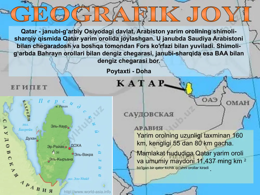 angan). hududiy-siyosiy tuzilishi: unitar davlat. ma'muriy-hududiy tuzilishi: 10 ta munitsipalitetga bo'lingan. konstitutsiya: 2003 yil 29 aprelda umumxalq referendumida qabul qilingan; 2005 yil 9 iyunda kuchga kirdi. ijro hokimiyati: davlat rahbari: monarx (amir hamad bin xalifa ol soniy); hukumat boshligʻi: bosh vazir (hamad bin jassim bin jobir ol tani). qonunchiyor hokimiyati: oliy qonun chiqaruvchi organ monarx tomonidan tayinlanadigan 35 a'zodan iborat bir palatali maslahat kengashi (majlis ash-sho'ro)dir. sud tizimi: birinchi instantsiya sudlari, apellyatsiya sudlari, kassatsiya sudlari, ma'muriy sudlar va konstitutsiyaviy sudlar. 4 munitsipalitetlar: 1) ad-doha. markazi – doha. maydoni (kv. km) – 158,71. aholisi (2004) – 338 760 nafar. 2) al-juvariya. markazi – al-juvariya. maydoni (kv. km) – 622,74. aholisi (2004) – 2282 nafar. 3) al-jumaliah. markazi al-jumaliya shahri. maydoni (kv. km) – 2611,70. aholisi (2004) – 13085 nafar. 4) al-xor. markazi – al-xor. maydoni (kv. km) – 1001,44. aholisi (2004) – 31611 nafar. 5) al-vakra. markazi – al-vakra. maydoni (kv. …