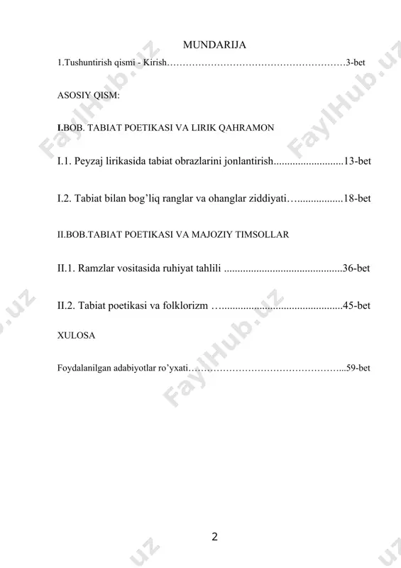 jamiyatni badiiy-estetik tadqiq etish she’riyatimiz taraqqiyotning yetakchi tendensiyalaridan biriga aylandi. peyzaj lirikasi, bu – tabiat va inson munosabatlarining faqat zohiriy ko’rinishlari, ya’ni kechinmalar shaklidagi ifodasi emas, aslo. tabiat tasviri asosida inson ruhiyati manzaralarini anglash va anglatish, jamiyat psixologiyasini tushunish hamda tushuntirish bosh masala hisoblanadi. shu jihatdan, hamma gap ana shu tabiat ranglari, xossalari va hodisalariga yuklanajak ma’noda. ma’naviy-ahloqiy, ijtimoiy-falsafiy, ma’rifiy mazmunda. ana shu xususiyatlariga ko’ra peyzaj lirikasi avlodlar ongi-dunyoqarashidagi o’zgarishlardan, badiiy-estetik tafakkuridagi farqli jihatlardan voqif etadi. biz bitiruv malakaviy ishda kechinmani suratlantirsh asnosida shoir his-tuyg’ularining poetik fikrga aylanish holatlari xususida, ularni yuzaga chiqarishda qo’llanilgan vositalar va ushbu jarayondagi shoir mahorati to’g’risida so’z yuritishga jazm qildik. bu narsa, peyzaj lirikasining tabiati to’g’risida muayyan tasavvur uyg’otishga xizmat qiladi. shuningdek, tadqiqot obyekti sifatida tanlangan 70-80 yillar o’zbek lirikasining ijtimoiy-falsafiy mazmun kasb etish holatlarini kuzatishni o’z oldimizga maqsad qilib qo’ydik. shuningdek, psixologik tasvir adabiy asarning bahosi va estetik qimmatini ta’minlovchi bosh mezon bo’lgani holda, …