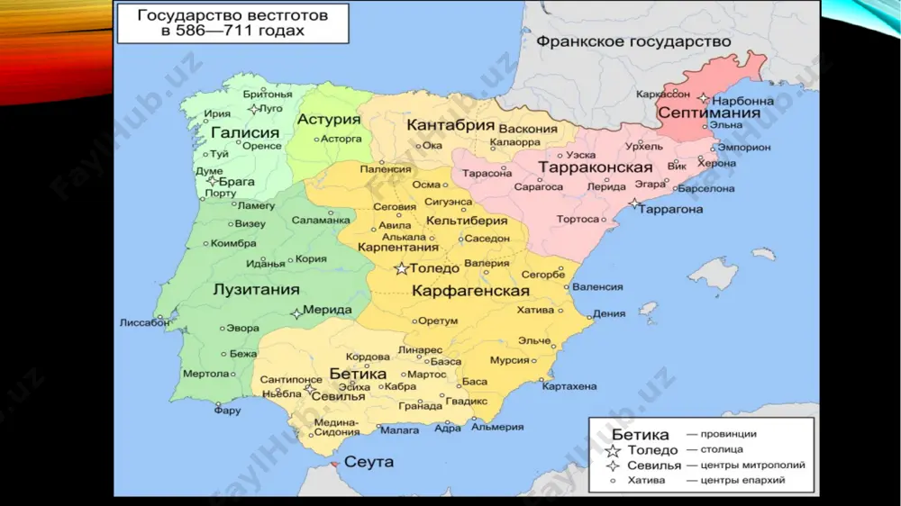 i. bu mag’lubiyat arablar qudratini sindiradi. arablardan kordova 1236-yili, sevilya 1248-yili, kadis 1268-yili qaytarib olinadi. faqat granada amirligi xv asr oxirigacha arablar qo’lida qoladi. buyuk karl davrida prineya shimoli-sharqida tuzilgan ispan markasining asosini kataloniya tashkil etgan. keyinchalik bu hududda barselona grafligi tashkil topib, shimoli-sharqdagi grafliklarni birlashtirgan. xi asrda esa ispan markasi aholisi arablarga qarshi kurashib, janubga siljib boradi. image2.png image3.png image4.jpeg image5.jpeg image6.jpeg image7.png image8.png image9.jpg image10.jpeg image11.jpg image12.jpg image13.jpeg image14.jpg image15.jpg image16.png image17.jpeg image18.jfif image19.jpeg image20.jpeg image21.gif image1.png /docprops/thumbnail.jpeg