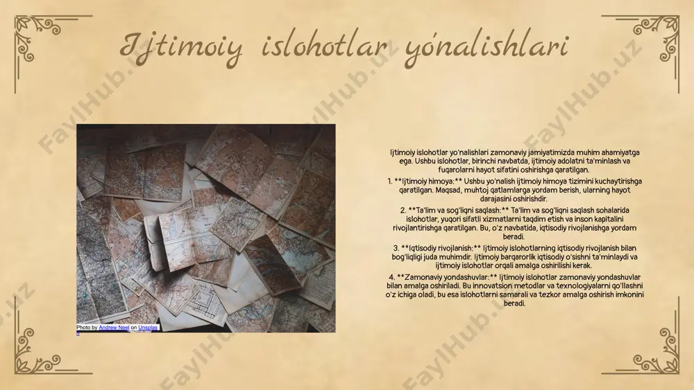 tlar kengaytirilmoqda. ikkinchidan, innovatsiyalar ijtimoiy hayotga ta'sir ko'rsatmoqda, bu esa jamiyatda yangi imkoniyatlar yaratadi. uchinchidan, ijtimoiy innovatsiyalar orqali aholi farovonligi oshmoqda, yangi ish o'rinlari yaratilmoqda va ijtimoiy muammolarni hal etishga yordam berilmoqda. photo by andrew neel on unsplash ijtimoiy o'zgarishlarning barqaror rivojlanishdagi roli ijtimoiy o'zgarishlar barqaror rivojlanishning asosiy komponentlaridan biridir. ular iqtisodiy, ekologik va ijtimoiy sohalarda muhim o'zgarishlarni ro'yobga chiqaradi. o'zbekistonda amalga oshirilgan ijtimoiy o'zgarishlar, masalan, ta'lim va sog'liqni saqlash sohasidagi islohotlar, barqaror rivojlanish maqsadlariga erishishda sezilarli natijalar berdi. kelajakda o'zbekiston barqaror rivojlanishni ta'minlash uchun ijtimoiy o'zgarishlarni davom ettirish va yangi strategiyalarni ishlab chiqish ustida ishlaydi. photo by roman kraft on unsplash 01 02 03 xulosa ijtimoiy islohotlarning asosiy maqsadlari ijtimoiy islohotlarning asosiy maqsadi - aholi farovonligini oshirish va ijtimoiy adolatni ta'minlashdir. reformalarning yo'nalishlari reformalar ta'lim, sog'liqni saqlash va iqtisodiy sohalarda modernizatsiya qilishga qaratilgan. natijalar va kelajak istiqbollari natijalar: yangi qonunlar, ijtimoiy himoya tizimlari va iqtisodiy o'sish kutilmoqda. 01 02 …