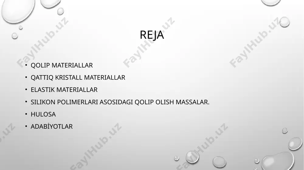lginat qoliplar bo'yicha model quyish ham oson.alginat qolip olish materiallarini qo'llanish gips bilan qolip olishga nisbatan qolip olish usulini sezilarli darajada soddalashtiradi va unga sarflanadigan vaqtni tejaydi. biroq qolip olish materiallari bu guruhining qator kamchiliklari bor.barcha alginat materiallar plastik holatdan elastik holatga o'tishdavrida hajmi sezilarli darajada qisqaradi. bunda gel hosil qilishdankeyin sodir boʻladigan strukturaviy oʻzgarishdan makromole-kulalar zichlashadi, buni esa, sinerezis - ozod suyuq faza ajralishibilan birgalikda boradi, deb tushuntirish mumkin. novalgin. alginat qolip olish massalarining bir turi hisoblanadi. mayda dispers novalgin kukuni natriy alginat va qotish tezligini tartibga soluvchilar, bo'yoqlar, to'ldiruvchilardan iborat. qolip olish uchun novalgin suv bilan aralashtiriladi. qolip olish usuli xuddi stomalginga o'xshash. novalgin qotgandan keyin stomalginga nisbatan koʻproq mustahkamlikka va qattiqlikka ega. sintetik kauchuklar. ortopedik stomatologiyada yangi sintetik polimer qolip olish materiallari paydo boʻlishi polimerlar kimyosi yutuqlarini tibbiyot sanoatiga joriy qilish natijasida mumkin bo'ladi.. bu esa, shifokorlar bilan sanoat xodimlarining hamkorligi natijasida yuzaga keldi. stomatologiyaga ko'p miqdorda …
