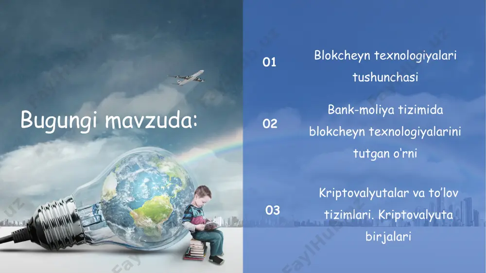 a instituti orqali pul joʻnatishdan koʻra tezroq boʻlishi mumkin, chunki tranzaktsiyalar tezroq tekshirilishi va oddiy ish soatlaridan tashqarida qayta ishlanishi mumkin. aktivlarni oʻtkazishda. blockchain, shuningdek, turli aktivlarga egalik huquqini qayd etish va topshirish uchun ham ishlatilishi mumkin. bu hozirda raqamli sanʼat va videolarga egalik timsoli boʻlgan nft kabi raqamli aktivlar bilan juda mashhur. biroq, blokcheyn-dan koʻchmas mulk va transport vositalari kabi real hayotdagi aktivlarga egalik huquqini qayta ishlash uchun ham foydalanish mumkin. tomonlarning ikki tomoni birinchi navbatda blokcheyndan biri mulkka egaligini, ikkinchisida esa sotib olishga puli borligini tekshirish uchun foydalanadi; keyin ular blokcheyndagi savdoni yakunlashlari va yozib olishlari mumkin edi. ushbu jarayondan foydalanib, ular mahalliy okrug hukumati hujjatlarini yangilash uchun hujjatlarni qoʻlda topshirmasdan mulk dalolatnomasini topshirishlari mumkin edi; u blokcheynda bir zumda yangilanadi. blockchain-ning yana bir yangiligi —bu oʻz-oʻzidan bajariladigan shartnomalar, odatda „aqlli shartnomalar“ deb ataladi. ushbu raqamli shartnomalar shartlar bajarilgandan soʻng avtomatik ravishda kuchga kiradi. misol uchun, xaridor va …