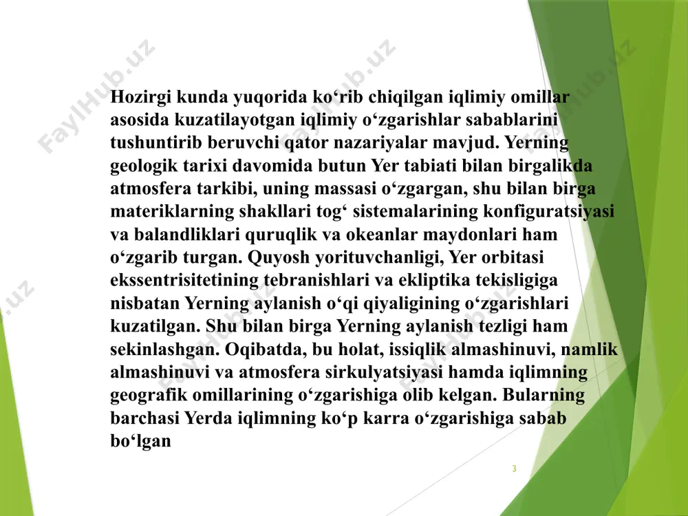 ‘zda tutilgan. autekologiya ( “autos” yunoncha so‘z bo‘lib, “o‘zi” degan ma’noni bildiradi). ayrim turlarning ular yashab turgan muhit bilan o‘zaro munosabatini, turlarning qanday muhitga ko‘proq va uzviy moslashganligini o‘rganadi 11 ekologiyaning umumnazariy vazifalariga quyidagilar kiradi: 1 2 3 4 5 6 muhitga moslashishning ekologik tuzilmasini o’rganish; populyatsiyalar sonining boshqarilishini tekshirish ; biologik xilma-xillikva uni saqlash tuzilmasini o’rganish; biologik mahsuldorlik jarayonlarini tadqiq etish; biosferaning barqarorligini saqlash maqsadida unda kechayotgan jarayonlarni tekshirish. ekologik tizimlar barqarorligining umumiy nazariyasini ishlab chiqish; 12 odamlarning atrofdagi tabiiy muhitga munosabati hamda jonli va jonsiz tabiat o‘rtasidagi o‘zaro bog‘lanishlar mohiyatini tushuntiruvchi bilimlarga bo‘lgan ehtiyojlar juda qadim zamonlarda paydo bo‘lgan. ekologiya fanining yuzaga kelganiga ham 150 yildan ortiq bo‘ldi, ammo alohida fan sifatida xx asrning ikkinchi yarmidan rivojlanib kelmoqda. amerikalik olim ch.adams (1913) ekologiya to‘g‘risidagi ma’lumotlarni umumlashtirib, chop ettirdi. ekologiyada organizm bir butun tizim sifatida ko‘riladi. u tashqi muhit bilan o‘zaro birgalikda harakatlanadi, bir-biriga yordam qiladi. bugungi kunga kelib, …
