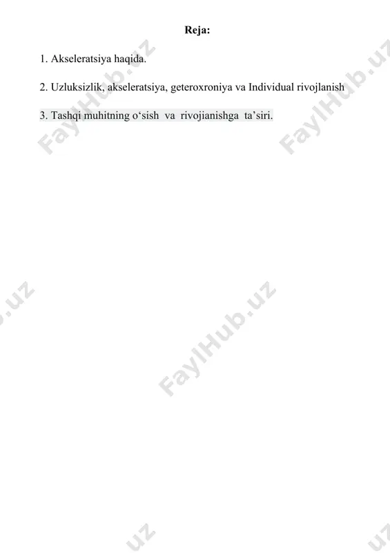 incha so’z bo’lib, acceles –tezlashuv degan ma’noni bildiradi. akseleratsiya yosh avlodning oldingi tengdoshlariga nisbatan ruhan va jismonan rivojlanishidir, 100 yil ya’ni bir asr ichida yaqqol ko’zga tashlanganligi uchun uni keng ma’noda “sekulyaoniy trend” ya’ni asriy tendensiya deyiladigan bo’ldi. keyingi 100- 150 yil ichida yer yuzida akselerasiya jarayonlari kuzatilmoqda jumladan o’zbekistonda ham. rivojlanishdagi akselerasiya muammosi va butun dunyo biologlar, tibbiyotchilari va sotsiologlari diqqatini jalb qilib kelmoqda. akselerasiyaning ijtimoiy va biologik turlari o’zaro farq qilinadi. biologik akselerasiya deganda, insonning biologik rivojlanishiga ta’luqli barcha o’zgarishlarni tushunish kerak. bunga odamning morfologik va fuhksional rivojlanishini tavsiflovchi bir qator ko’rsatkichlar kiradi. ushbu o’zgarishlar ma’lum bir ijtimoiy muhitda sodir bo’ladi va ko’p jixatdan ijtimoiy sabablar bilan belgilanadi. ijtimoiy akselerasiya deganda, bolalar bilimlarining hajmini ulardan 50-100 yil ilgari yashagan tengdoshlarinikiga nisbatan ortganligini tushunish kerak. хх asrning 20- yillaridan boshlab shvetsiya, angliya, germaniya, aqsh, yaponiya va boshqa mamlakatlardagi 6-14 yoshdagi bolalar o’z rivojlanishida, ulardan yuz yil ilgari yashagan tengdoshlariga …
