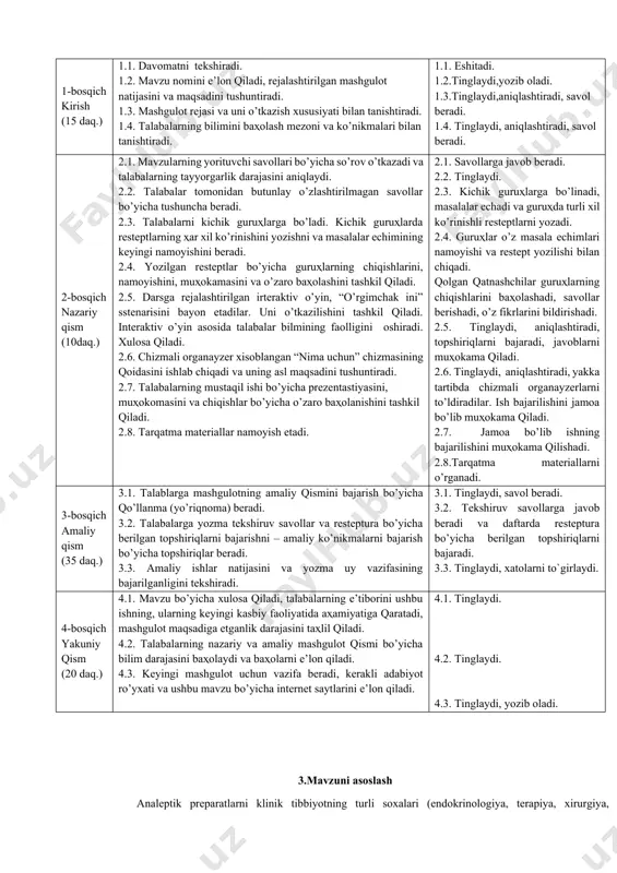 lar. monitoring va baҳolash ogzaki so’rov: tezkor-so’rov, yozma so’rov: test, restept yozish. 2.amaliy mashgulotning texnologik xaritasi ish bosqichlari, vaqt (80 d) o`qituvchi faoliyati talabalar faoliyati 1-bosqich kirish (15 daq.) 1.1. davomatni tekshiradi. 1.2. mavzu nomini e’lon qiladi, rejalashtirilgan mashgulot natijasini va maqsadini tushuntiradi. 1.3. mashgulot rejasi va uni o’tkazish xususiyati bilan tanishtiradi. 1.4. talabalarning bilimini baҳolash mezoni va ko’nikmalari bilan tanishtiradi. 1.1. eshitadi. 1.2.tinglaydi,yozib oladi. 1.3.tinglaydi,aniqlashtiradi, savol beradi. 1.4. tinglaydi, aniqlashtiradi, savol beradi. 2-bosqich nazariy qism (10daq.) 2.1. mavzularning yorituvchi savollari bo’yicha so’rov o’tkazadi va talabalarning tayyorgarlik darajasini aniqlaydi. 2.2. talabalar tomonidan butunlay o’zlashtirilmagan savollar bo’yicha tushuncha beradi. 2.3. talabalarni kichik guruҳlarga bo’ladi. kichik guruҳlarda resteptlarning ҳar xil ko’rinishini yozishni va masalalar echimining keyingi namoyishini beradi. 2.4. yozilgan resteptlar bo’yicha guruҳlarning chiqishlarini, namoyishini, muҳokamasini va o’zaro baҳolashini tashkil qiladi. 2.5. darsga rejalashtirilgan irteraktiv o’yin, “o’rgimchak ini” sstenarisini bayon etadilar. uni o’tkazilishini tashkil qiladi. interaktiv o’yin asosida talabalar bilmining faolligini oshiradi. …